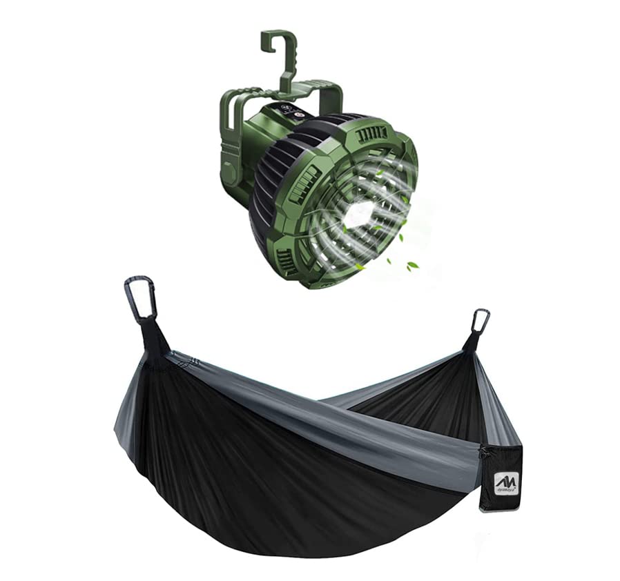 AYAMAYA Portable Camping Tent Fan with Double Hammock - Rechargeable Battery Operated Fan for Outdoor, Hiking, Backpacking & Beach - Perfect for Camping Gear & Summer Relaxation
