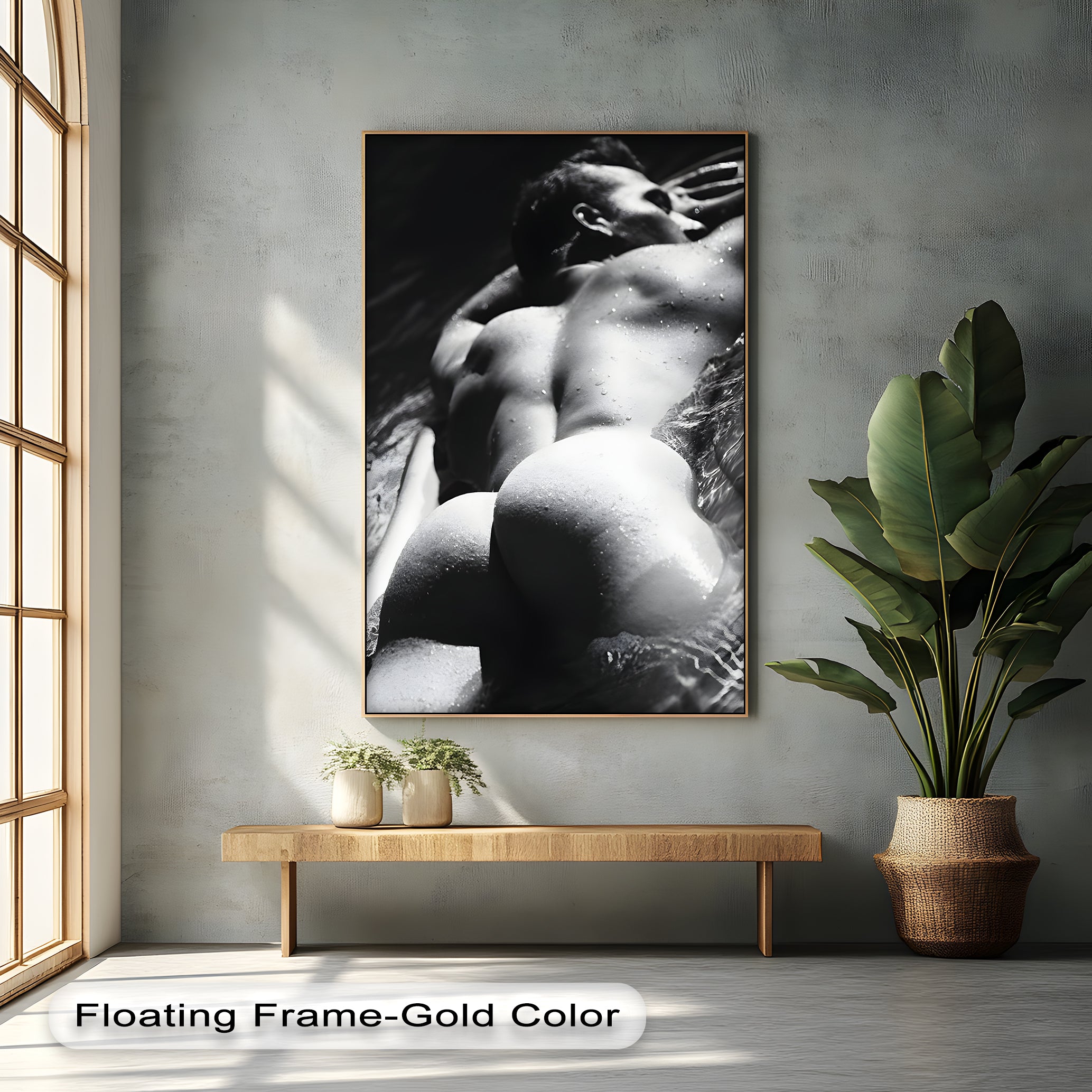 Aqua Poise - Monochrome Male Nude Canvas Art Print | Modern Home & Office Wall Decor | Perfect for Living Room, Bedroom, or Studio