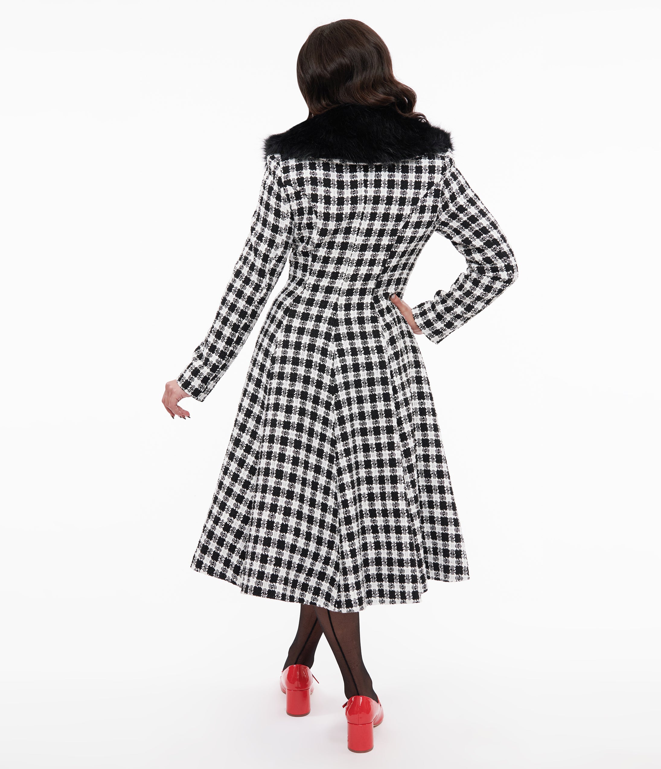 Vintage 1950s Black & White Plaid Swing Coat with Black Fur Trim - Retro 50s Style Winter Coat for Women, Perfect for Holiday Parties & Cold Weather Fashion