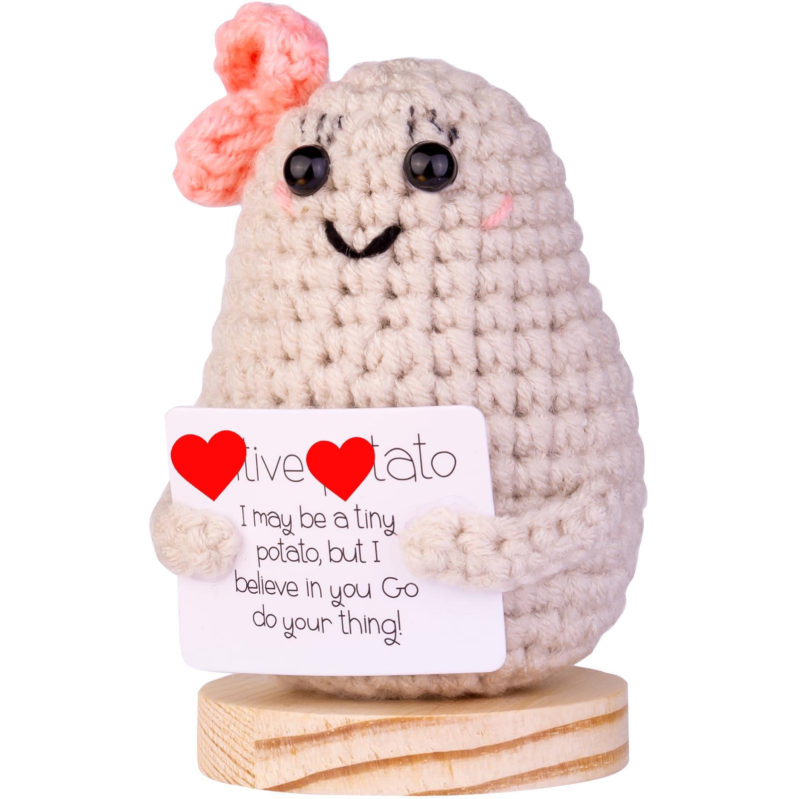Handmade Emotional Support Potato Car Ornament - Funny Knitted Potato Doll with Wooden Base for Car Dashboard, Home & Office Decor - Perfect Gift for Stress Relief & Car Lovers (Bowknot Design)