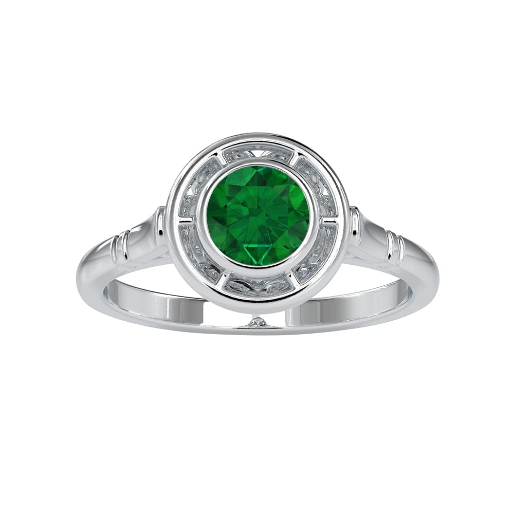 14K Solid Gold Emerald Solitaire Ring for Women - 5mm Round Cut Bezel Set Green Gemstone Ring, Vintage Style Jewelry Gift for Anniversary, Engagement & Special Occasions