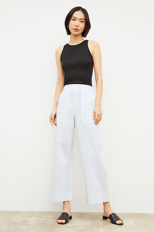 Madelyn Poplin Stripe Pants for Women - Blue & Ivory Casual Summer Trousers - Perfect for Office Wear, Weekend Outings & Beach Vacations