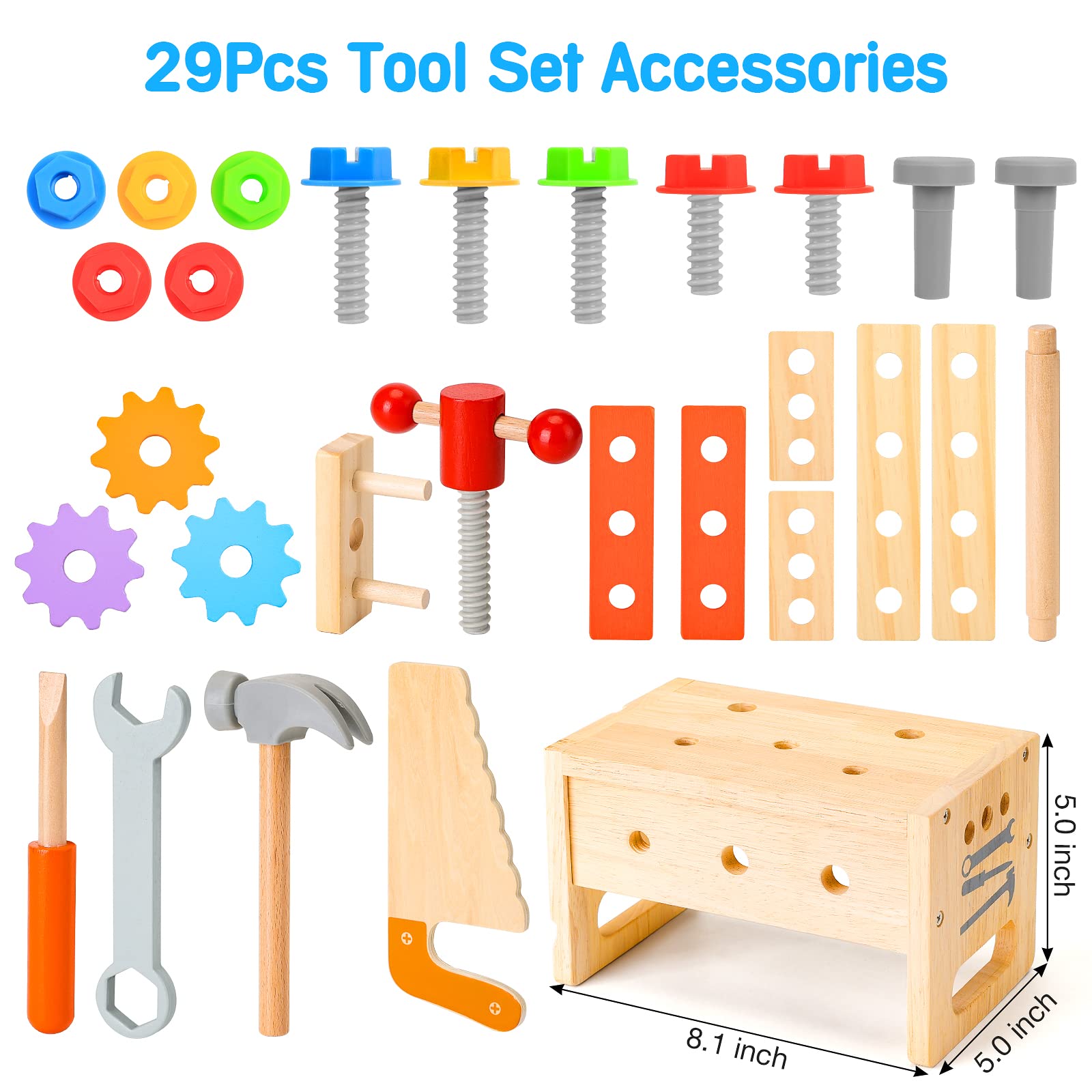 **29Pcs Wooden Tool Set for Kids Ages 2-5 | STEM Educational Montessori Toys for Toddlers | Construction Learning Activities | Perfect Gift for Boys & Girls | Ideal for Preschool Play & Early Development**