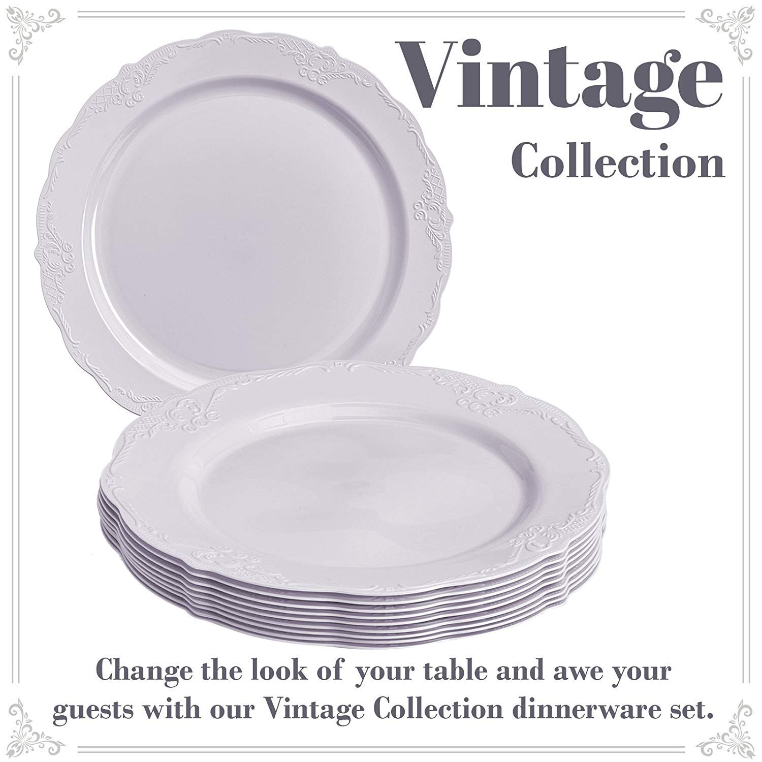 Premium Silver Vintage Disposable Plastic Dinner Plates - 10-Piece Set, Pack of 2 - Elegant White Reusable Tableware for Parties, Picnics & Catering Events