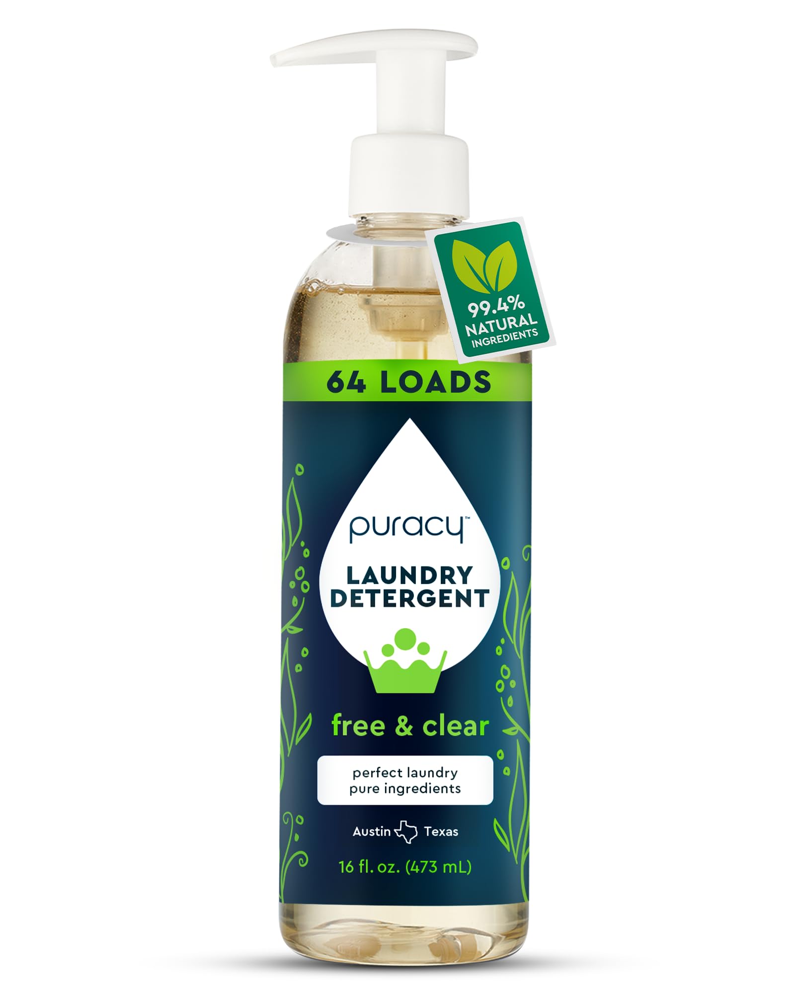 Puracy Natural Enzyme-Powered Liquid Laundry Detergent Concentrate - Free & Clear, Non-Toxic, 16 fl oz (64 Loads) | Plant-Based Laundry Soap for Sensitive Skin | Perfect for Baby Clothes, Gym Wear & Eco-Friendly Households