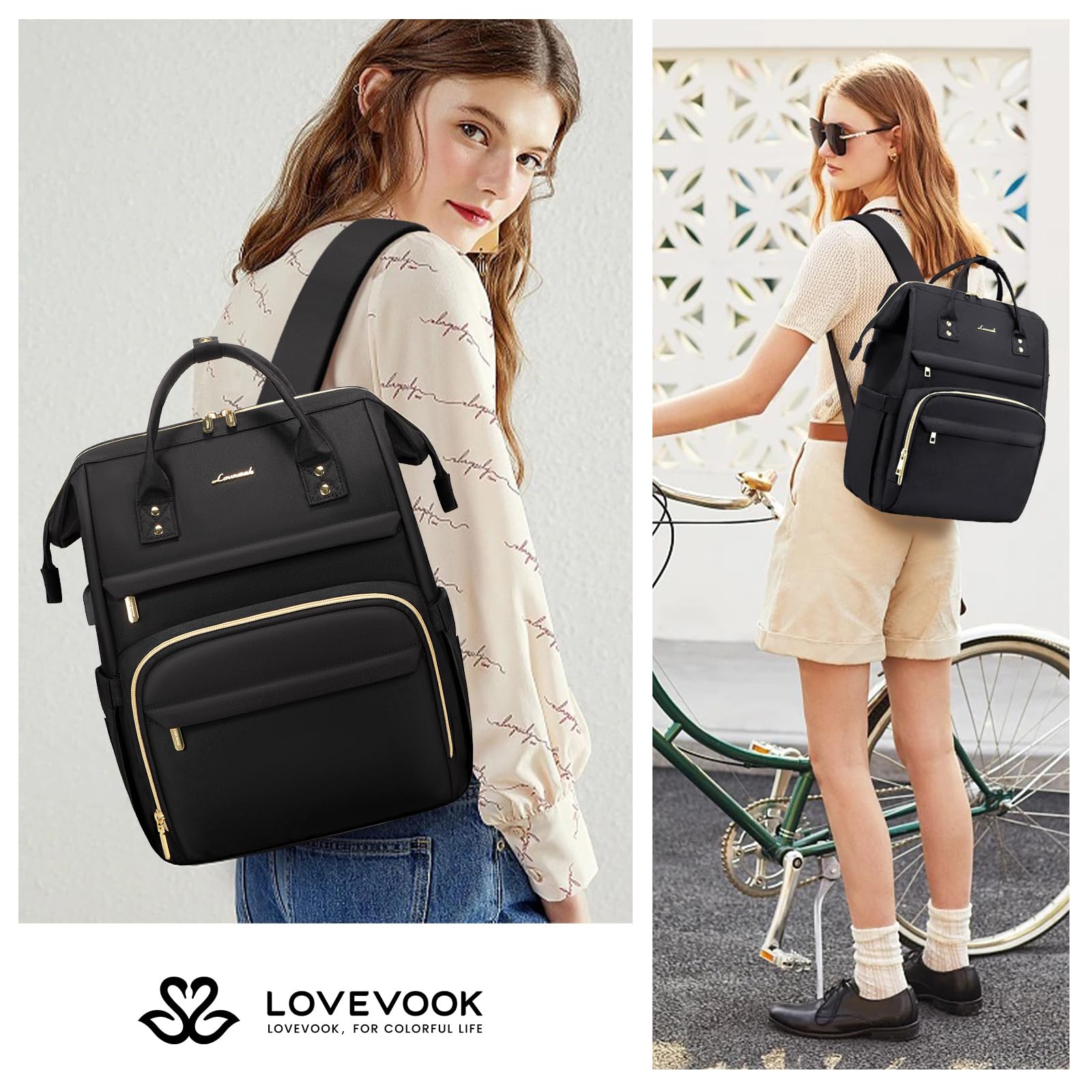 LOVEVOOK 15.6 Inch Laptop Backpack for Women - Waterproof Professional Computer Bag with USB Charging Port - Perfect for Work, Travel, College, Nursing & Teaching (Black)