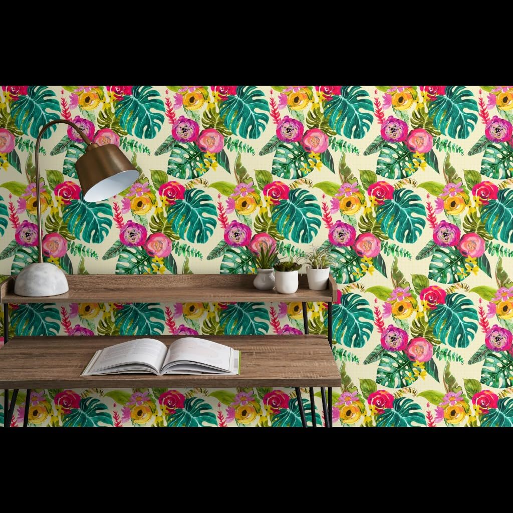 Commercial Grade Wallpaper 27ft x 2ft - Boho Tropical Floral Bohemian Paradise Traditional Peel and Stick Wallpaper by Spoonflower | Perfect for Bedroom, Living Room, Office & Home Decor