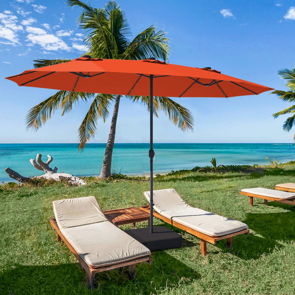 Tangkula 15 Ft Solar LED Patio Double-Sided Umbrella with Heavy Duty Base - Extra Large Outdoor Twin Umbrella with 36 Solar Powered LED Lights & Easy Crank System - Perfect for Garden, Deck, Poolside, Patio Furniture (Orange) | Ideal for Outdoor Dining, Backyard Parties & Summer Relaxation