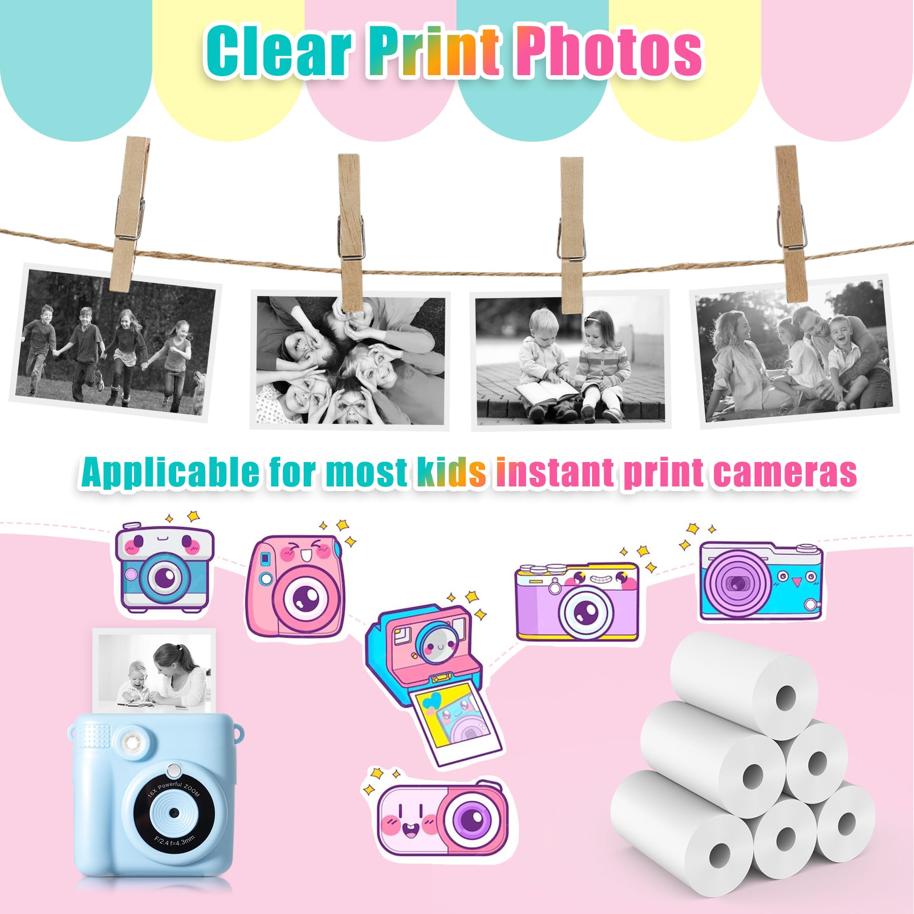 Hikkon 6 Rolls Kids Instant Print Camera Thermal Paper - Zero Ink Printing Paper for Most Digital Cameras | Perfect for Birthday Parties, Travel Souvenirs & Creative Projects
