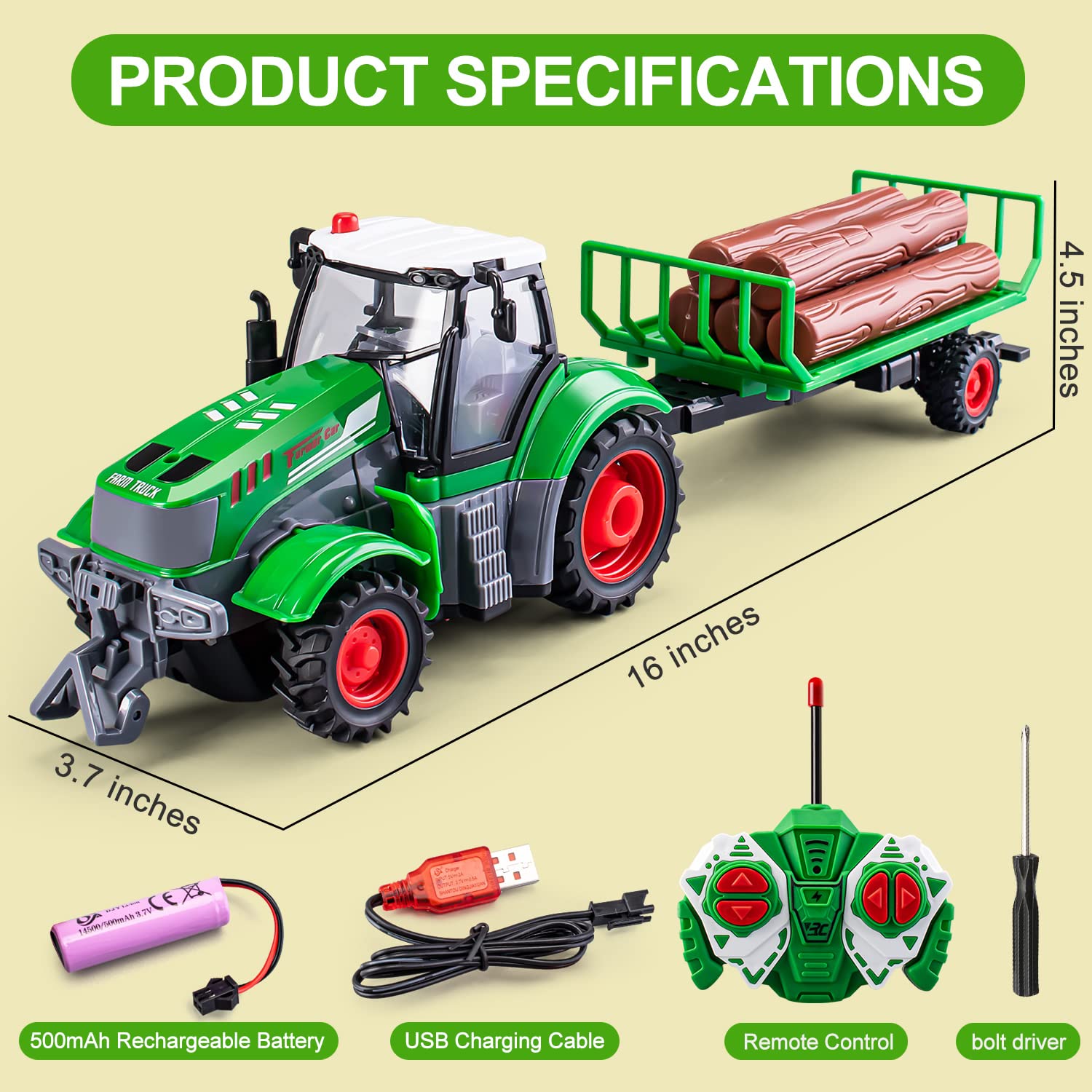 1/24 Scale Remote Control Tractor Toy with Log Trailer - Best Gift for 4-7 Year Old Boys | Kids Farm Vehicle Toy for Indoor & Outdoor Play | Birthday & Christmas Present for Toddlers