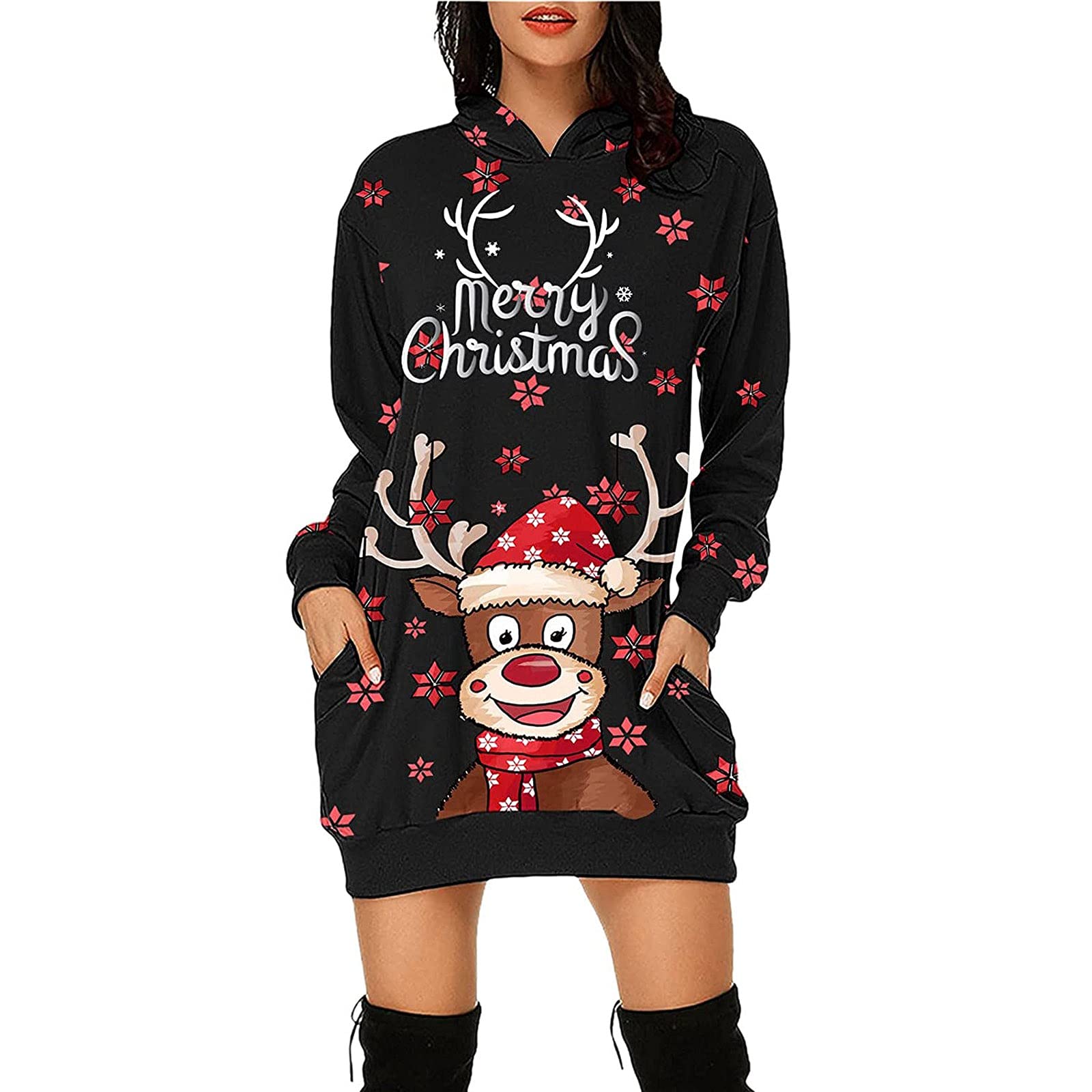 Qunpeng Women's Christmas Long Sleeve Hooded Sweatshirt Dress with Pockets - Cozy Holiday Party Outfit for Xmas Dinner, Family Gatherings & Festive Celebrations