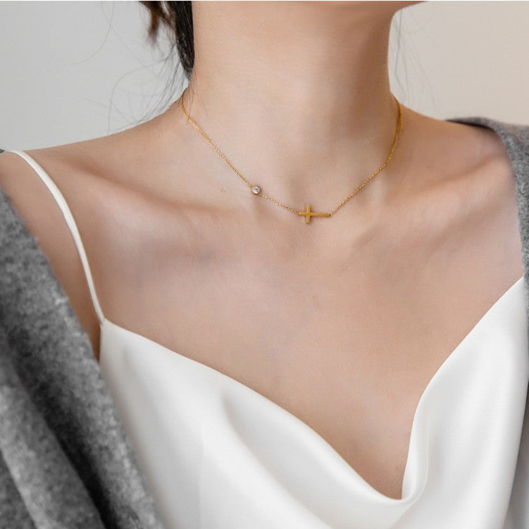 Elegant Cross and Bar Pendant Necklace for Women - Stainless Steel Chain Jewelry Gift for Christmas, Birthday & Everyday Wear | NC782