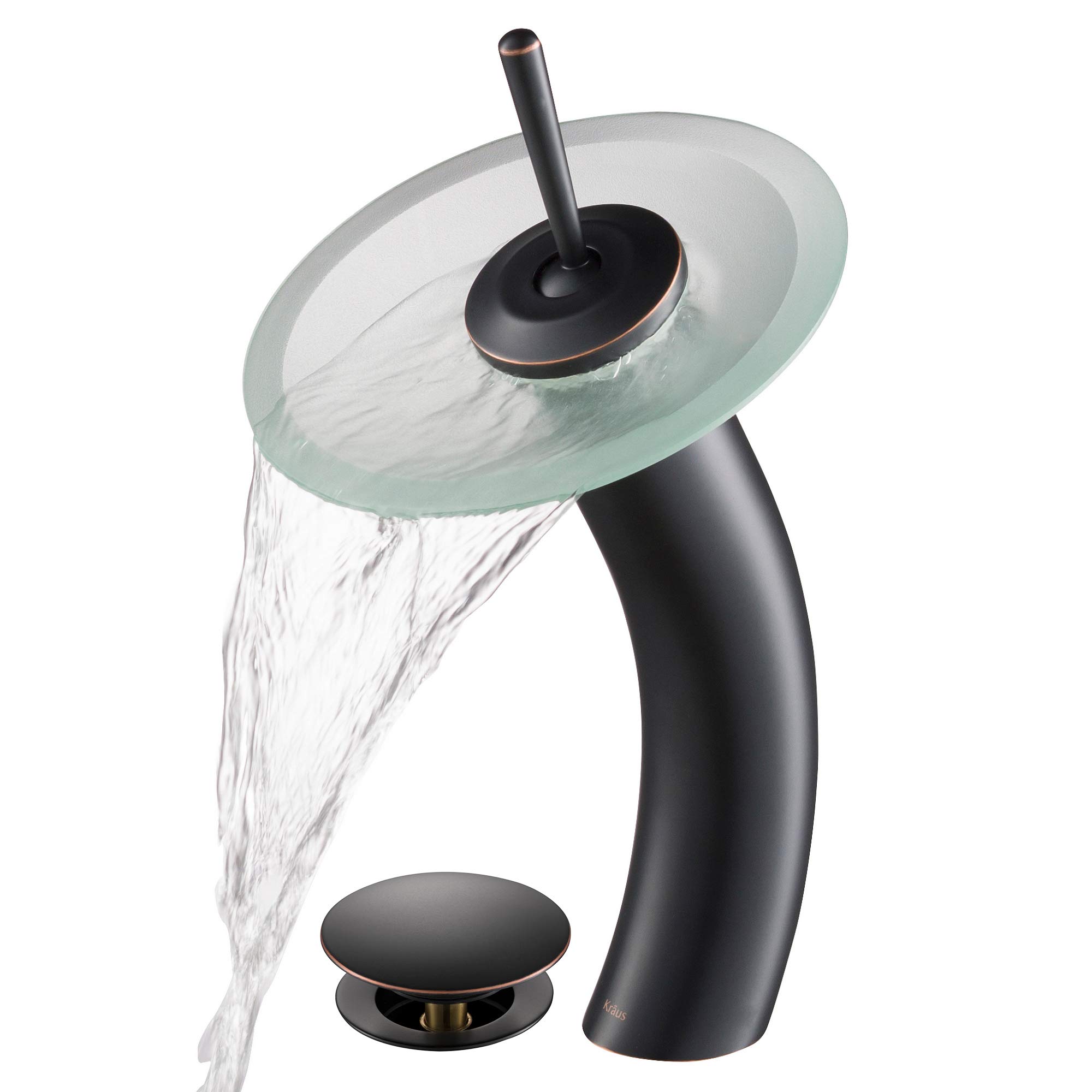 KRAUS Oil Rubbed Bronze Tall Waterfall Bathroom Faucet for Vessel Sink - Frosted Glass Disk & Pop-Up Drain, Model KGW-1700-PU-10ORB-FR | Modern Bathroom Upgrade for Spa-Like Luxury & Elegant Home Decor