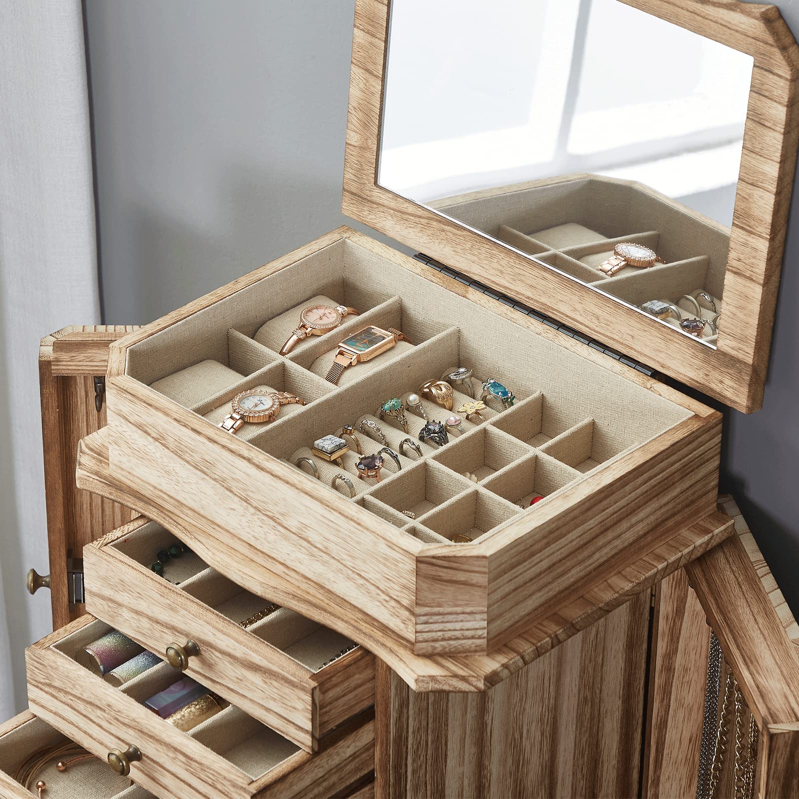 7-Drawer Standing Jewelry Armoire with Flip-Top Mirror & 2 Side Doors - Large Jewelry Storage Cabinet for Necklaces, Rings & Bracelets - Perfect for Bedroom, Closet or Dressing Room Organization
