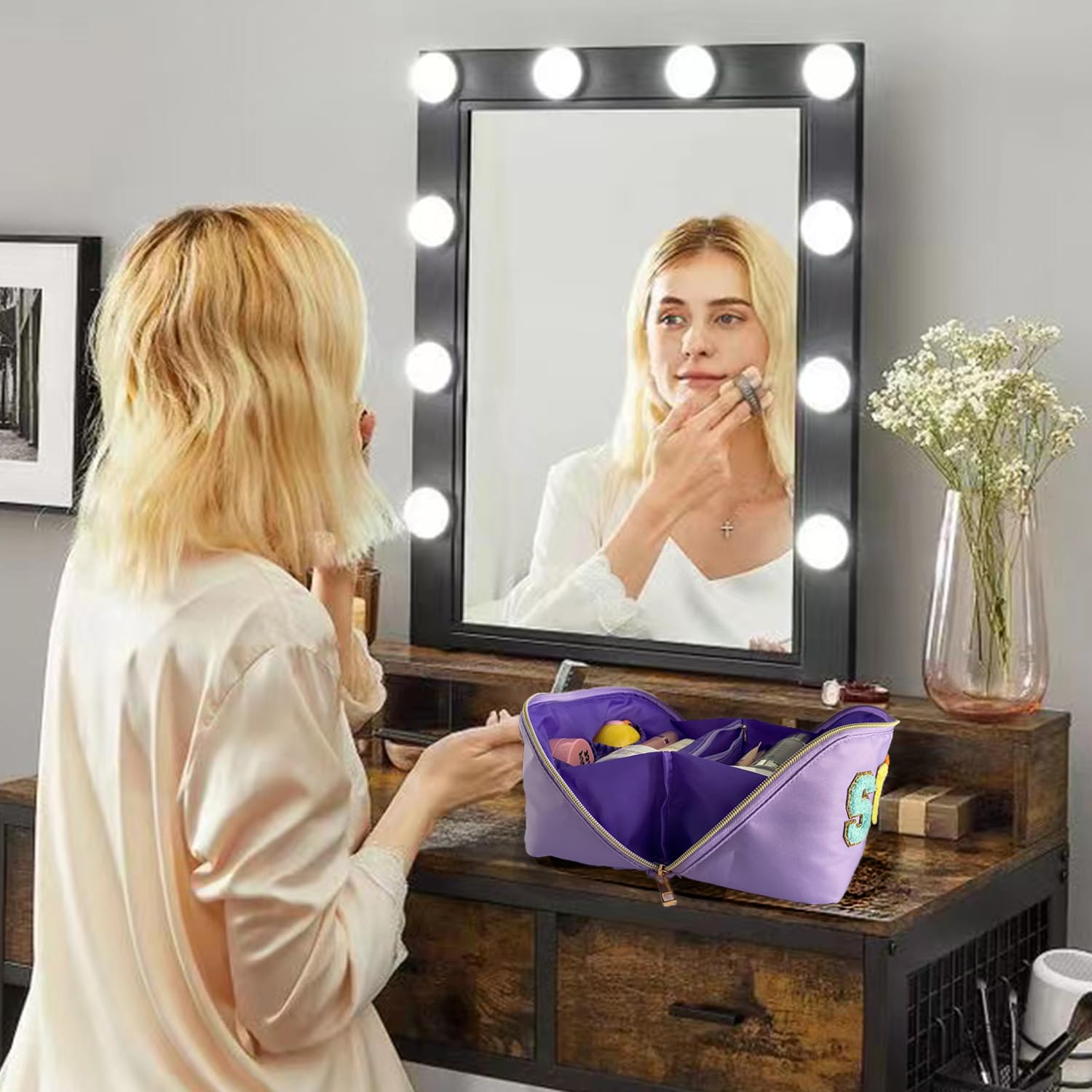 Stylish Purple Nylon Makeup Bag with Chenille Letter - Preppy Cosmetic Pouch for Travel & Daily Use | Stoney Clover Inspired Varsity Letter Pouch, Toiletry & Belt Bag for Women & Teens | Perfect for School, Gym, Vacation & Gift Giving