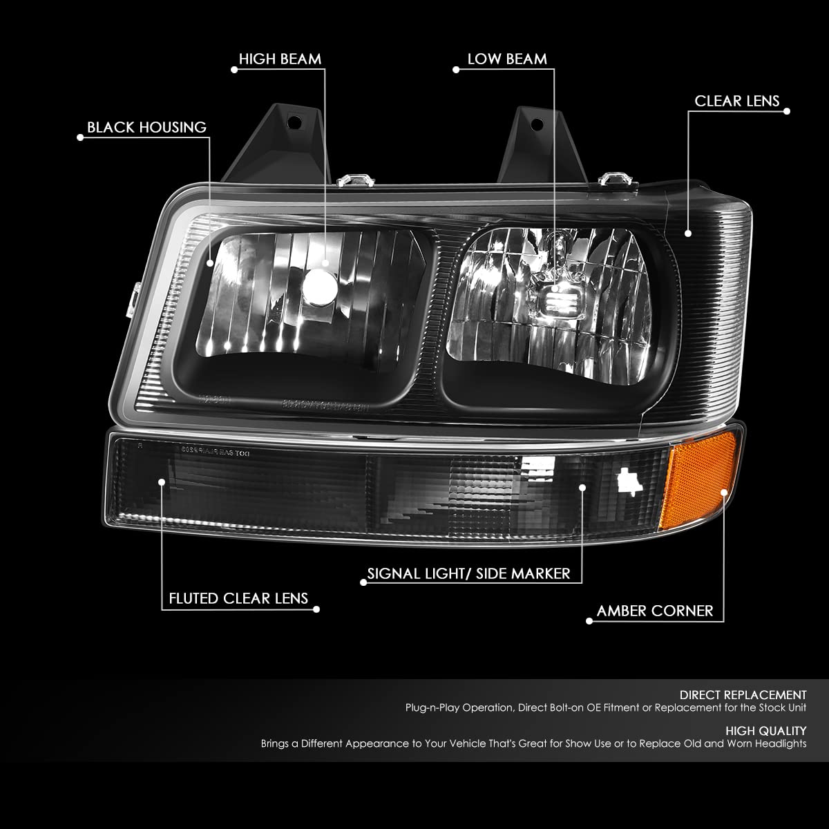 DNA MOTORING Headlights for 03-23 Chevy Express Savana - Black/Amber - Perfect for Night Driving & Off-Road Use