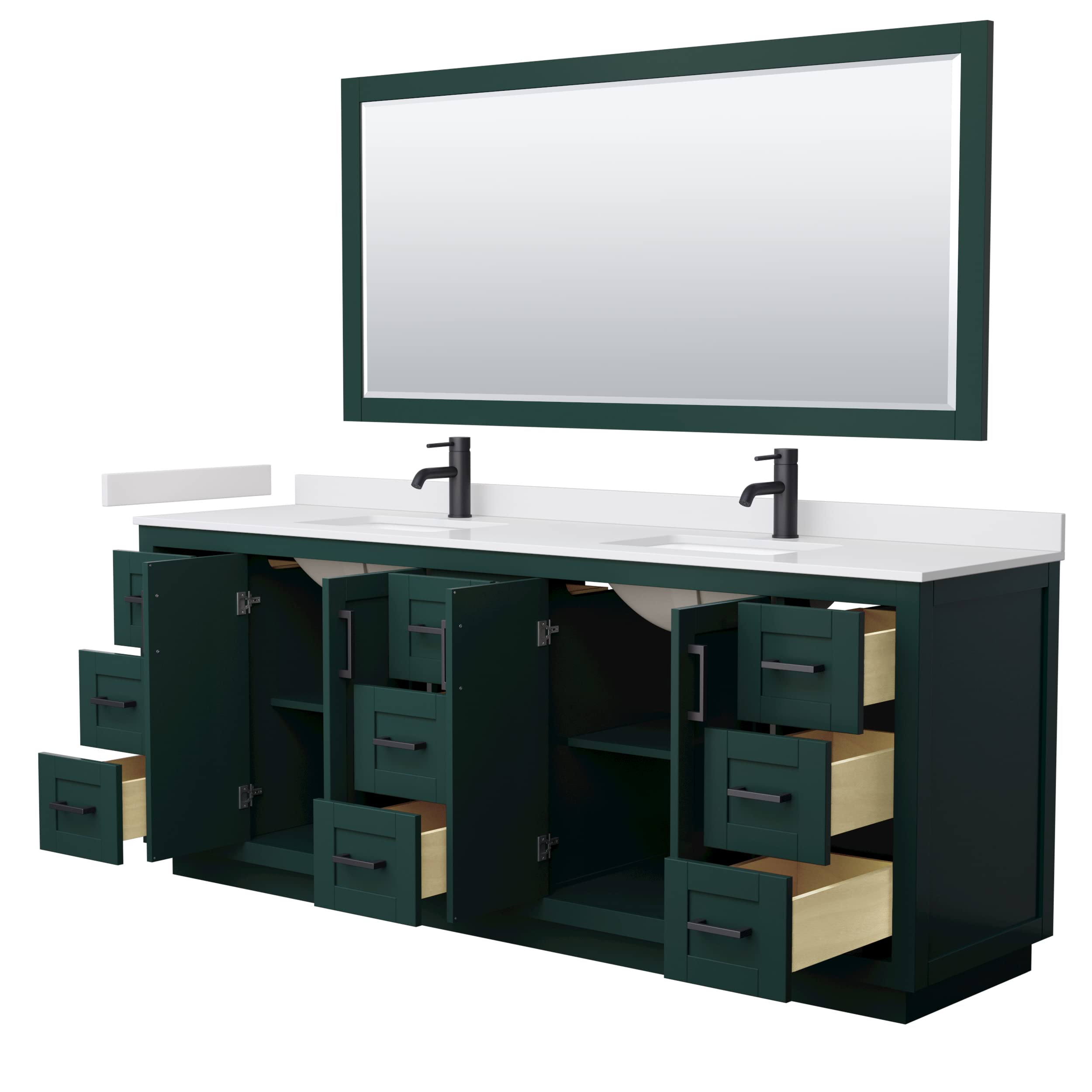 Wyndham Collection Miranda 84 Inch Double Bathroom Vanity with Green Base, White Cultured Marble Countertop & Undermount Square Sinks - Matte Black Trim & 70 Inch Mirror - Perfect for Modern Master Bathrooms & Guest Suites