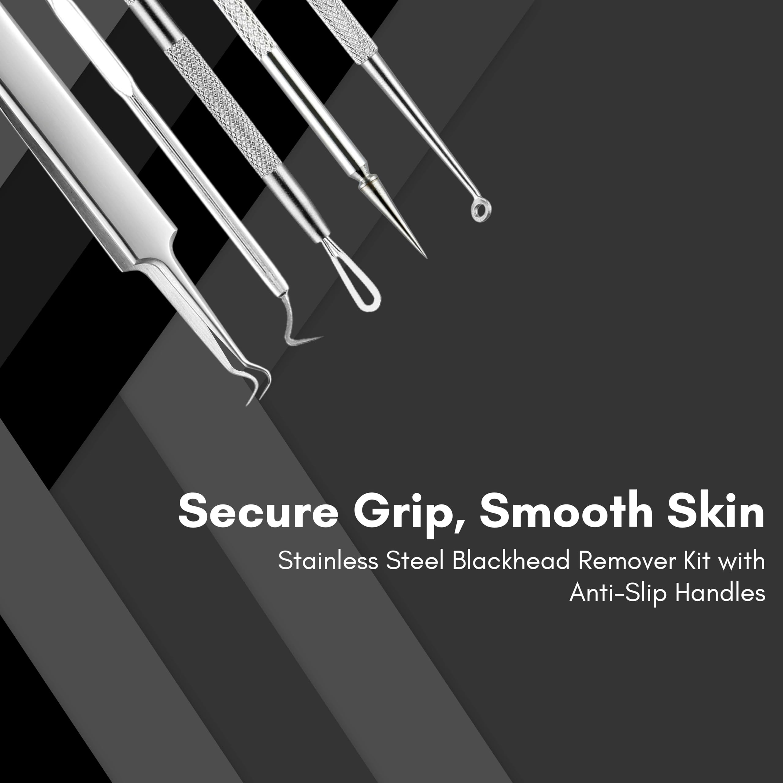 Professional Stainless Steel Blackhead Remover Kit for Men & Women - 5-Piece Acne Extraction Tools with Anti-Slip Handle & Storage Case - Facial & Back Blackhead Removal for Clear Skin - Perfect for Home Spa & Skincare Routine