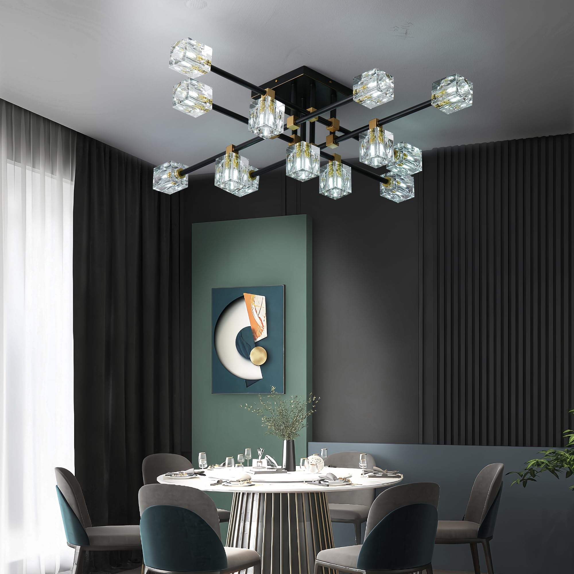 13-Light Modern Crystal Sputnik Chandelier - Black & Gold Ceiling Light Fixture for Dining Room, Entryway, Bedroom - Elegant Lighting for Home Decor, Wedding Venues, and Luxury Spaces