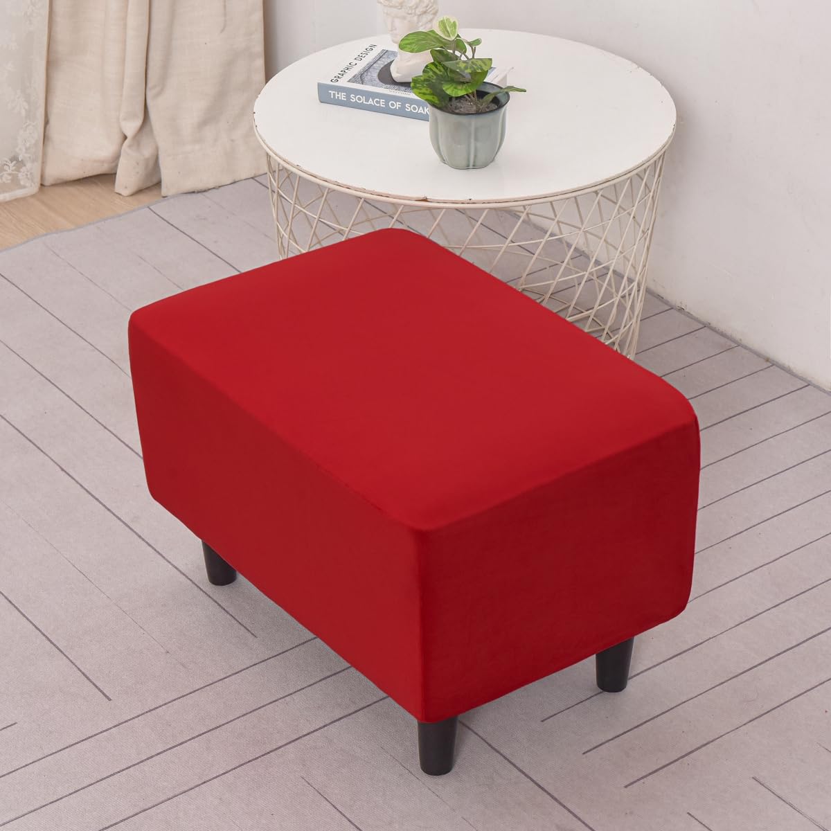 Velvet Ottoman Slipcover - Stretch Rectangle Storage Stool Cover, Footstool Protector for Living Room Furniture (Red) | Perfect for Home Decor, Sofa Protection & Cozy Living Spaces