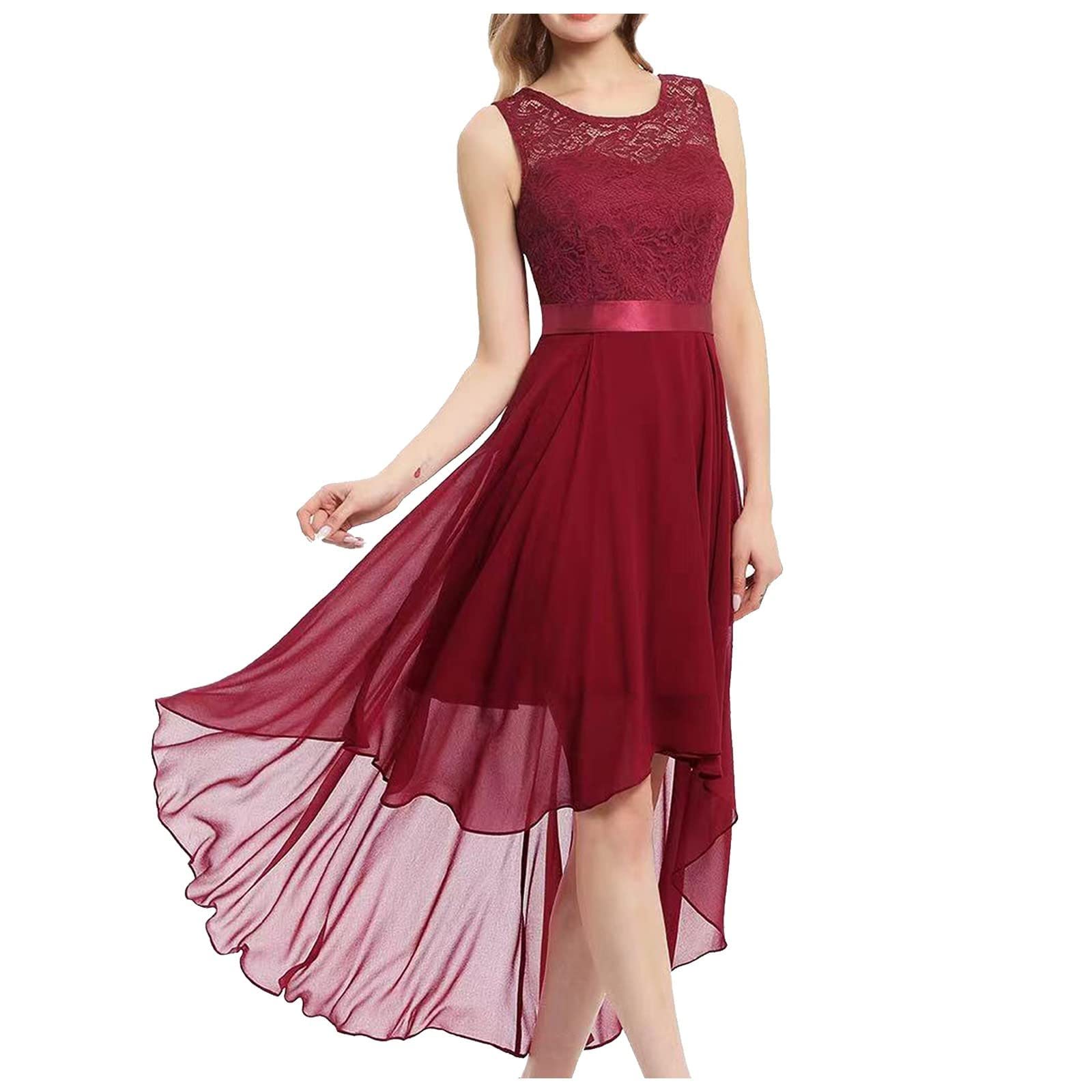 Elegant Women's Summer Sleeveless Lace Dress - Round Neck Solid Casual High-Low Asymmetrical Wedding Guest Dress for Beach Parties & Special Occasions