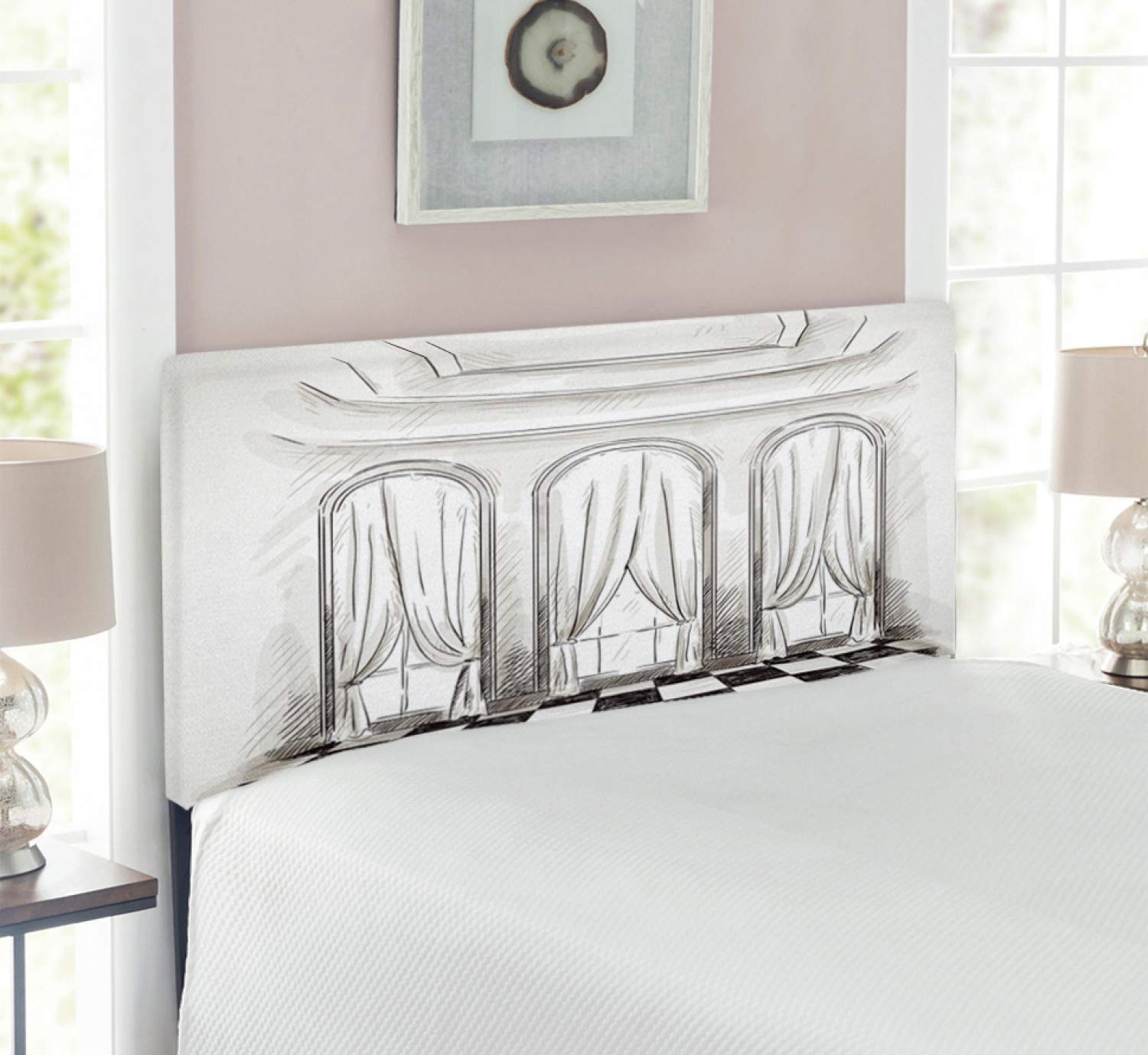 Ambesonne Antique Upholstered Headboard - Baroque Style Metal Bed Frame with Memory Foam, Twin Size Black & White Sketch Design for Classic Parlor, Ballroom or Castle Decor | Perfect for Bedroom, Guest Room or Theater Room Makeover
