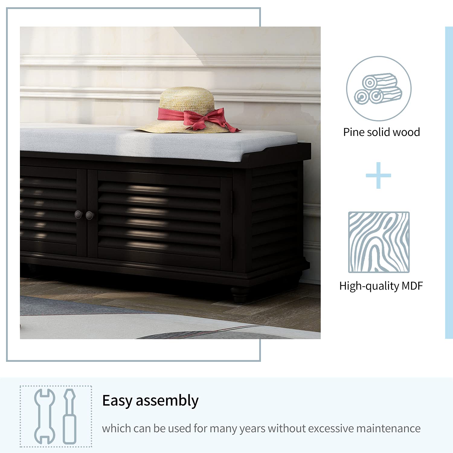 RUNNA Solid Wood Entryway Storage Bench with Removable Cushion - 2 Door Louver Shoe Bench for Hallway, Living Room & Entryway - Perfect for Organizing Shoes, Hats & Home Decor (Black)