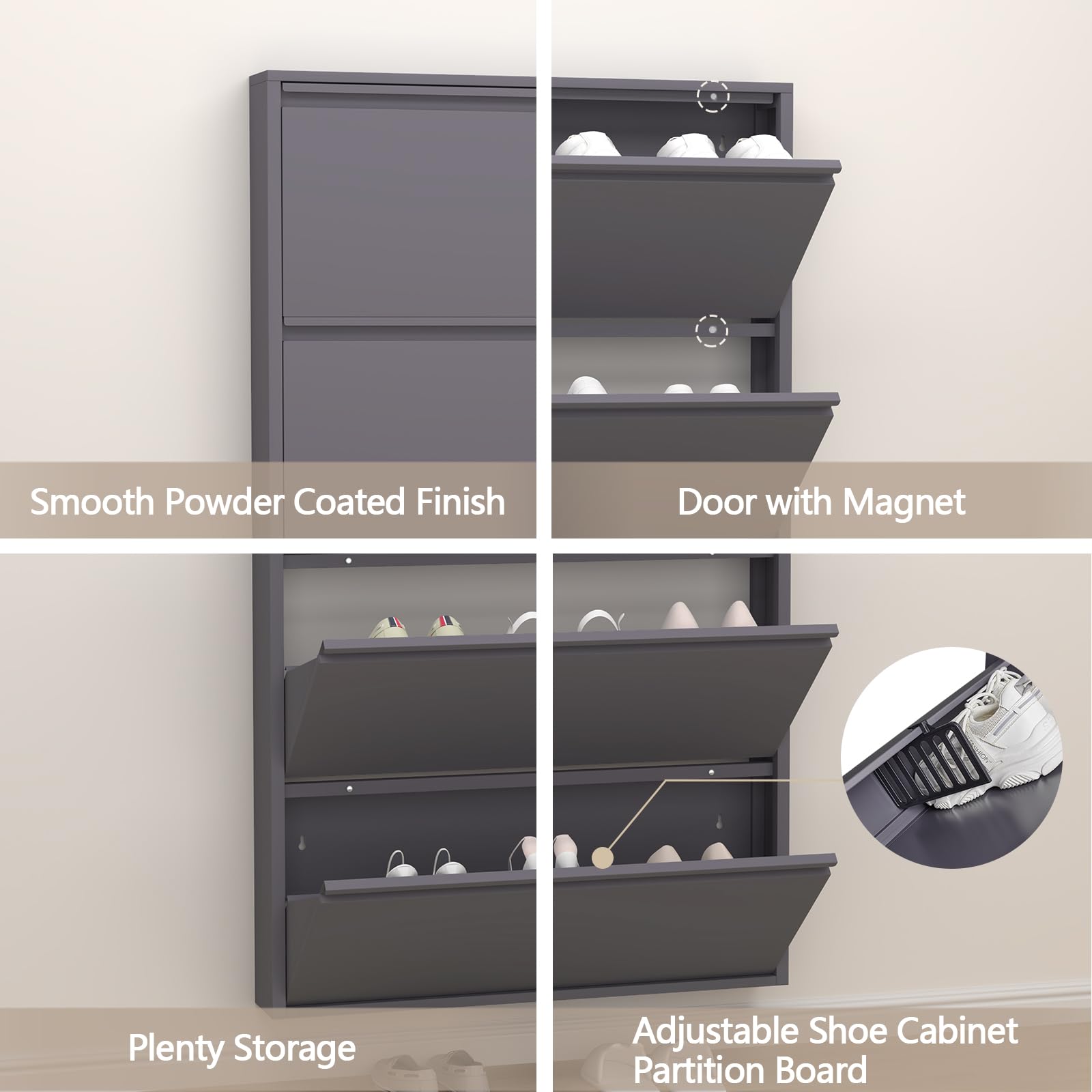 GREATMEET 4-Tier Wall Mounted Steel Shoe Cabinet with Flip Drawers - Space Saving Entryway Shoe Organizer for Indoor Shoe Storage (Black) - Perfect for Small Apartments, Closets & Mudrooms