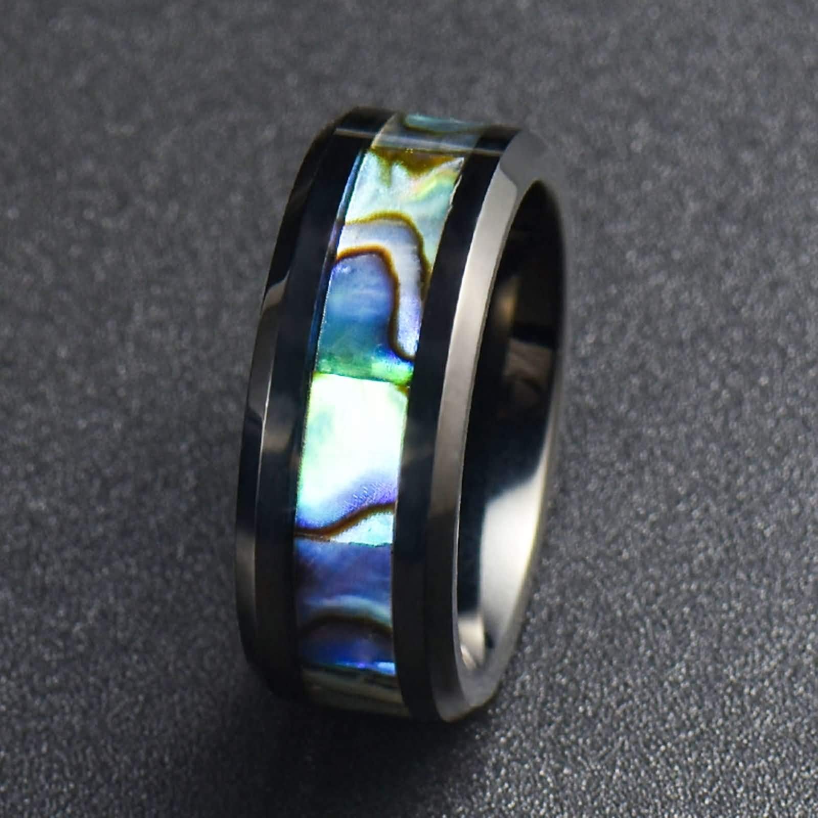 Custom Stainless Steel 8MM Abalone Shell Engagement Ring for Men - Black Wedding Band Size 6-14 - Perfect for Proposals, Anniversaries & Unique Gifts
