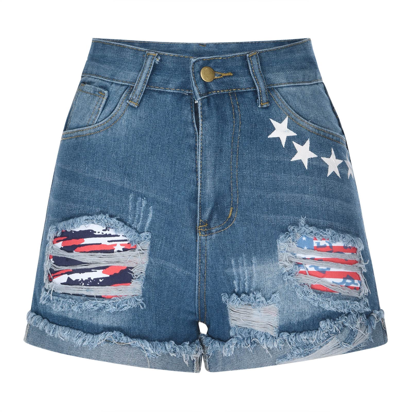4th of July Patriotic Denim Shorts for Women - Summer Stretch Jeans for BBQ & Parties
