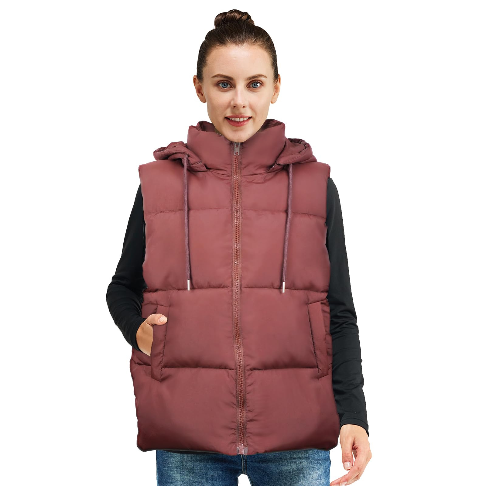 Women's Lightweight Puffer Vest with Zippered Pockets & Detachable Hood - Winter Warm Fleece Lined Jacket for Outdoor Hiking, Camping & Casual Wear