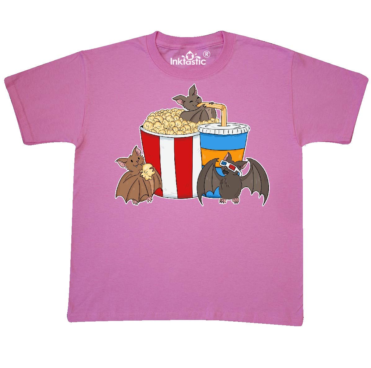 Inktastic Movie Loving Bats with Popcorn and Soda Youth T-Shirt - Cute Bat Design for Kids & Teens - Perfect for Movie Nights, Halloween, and Bat Lovers