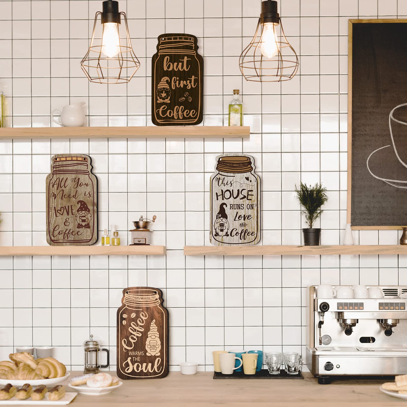 Jetec 4-Piece Coffee Bar Sign Set - Rustic Farmhouse Wooden Gnome Wall Decor with 'But First Coffee' Plaque - Perfect for Cafes, Kitchens & Coffee Lovers' Home Decor