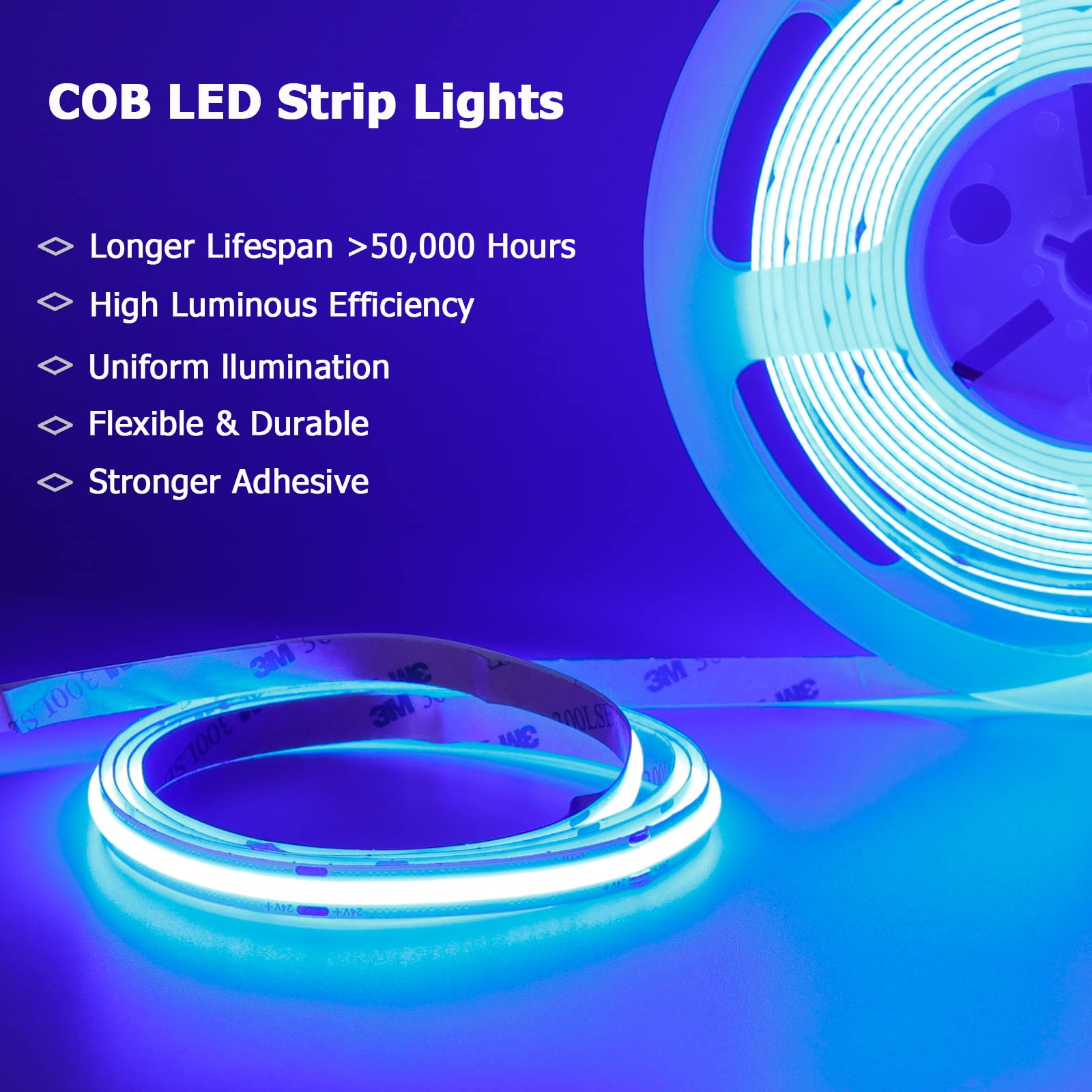 24V COB LED Strip Light Blue 5M/16.4ft 2400LEDs High Density Flexible Tape - Uniform Glow for DIY Home Decor, Cabinet Lighting, Bedroom & Kitchen Accent (IP20 Non-Waterproof, Power Supply Not Included) - Perfect for Ambient Lighting, Under Cabinet Illumination, and Creative Interior Design Projects