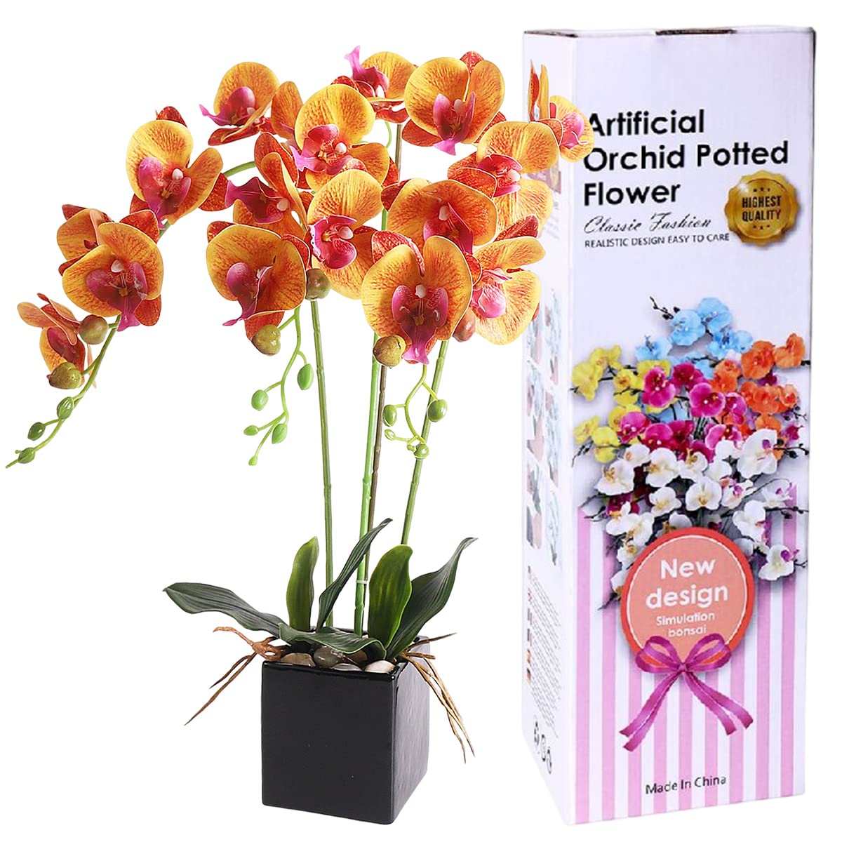 YOBANSA Artificial Silk Orchid Bonsai with Ceramic Flower Pot - Realistic Fake Orchid Plant in Vase for Home & Office Decor (Orange) - Perfect for Living Room, Bedroom, Wedding Centerpiece and Gift Giving