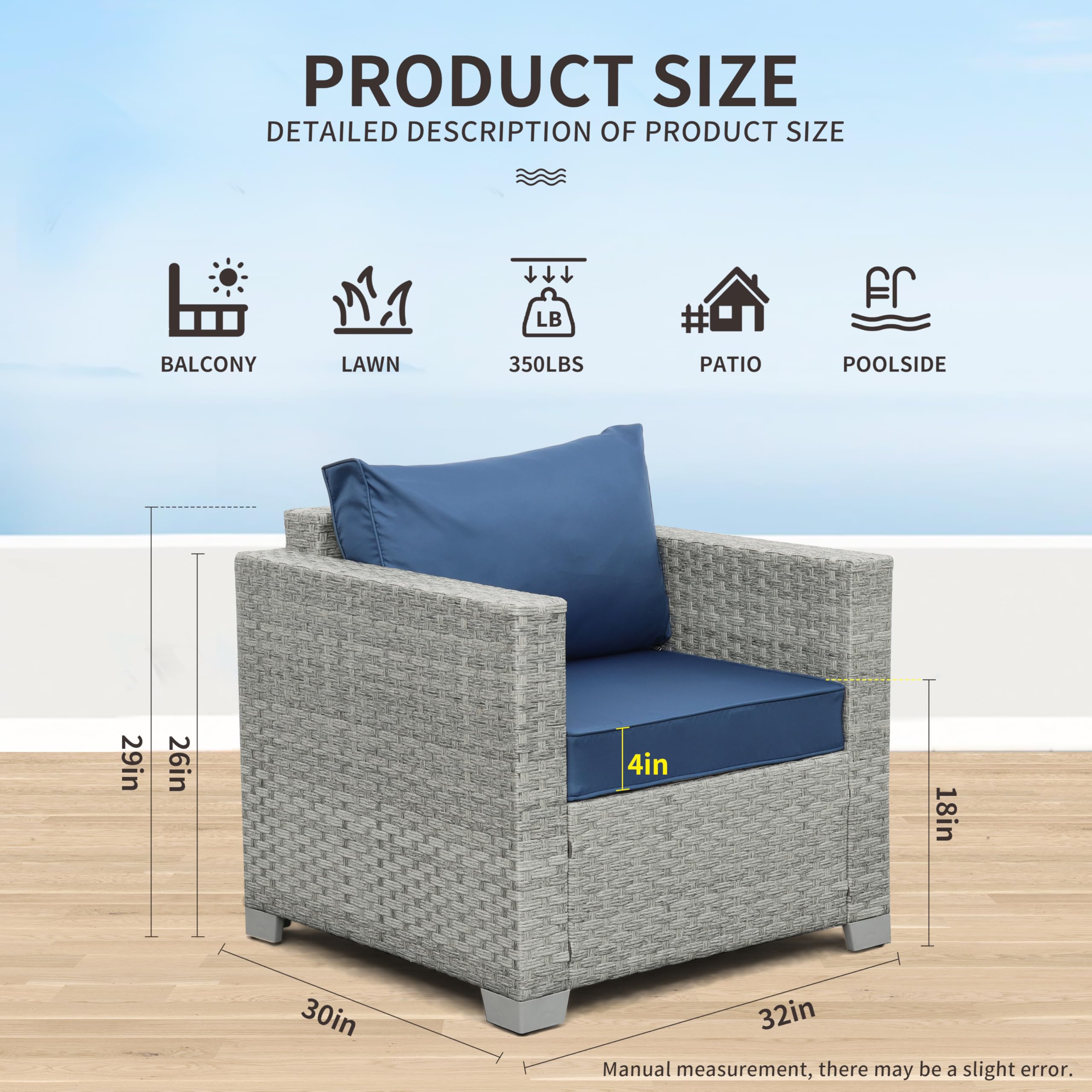 WAROOM 2-Piece Outdoor Wicker Patio Sofa Set - Grey Rattan Deep Seating Armchairs with Blue Cushions, Perfect for Porch, Balcony, Garden & Poolside Relaxation