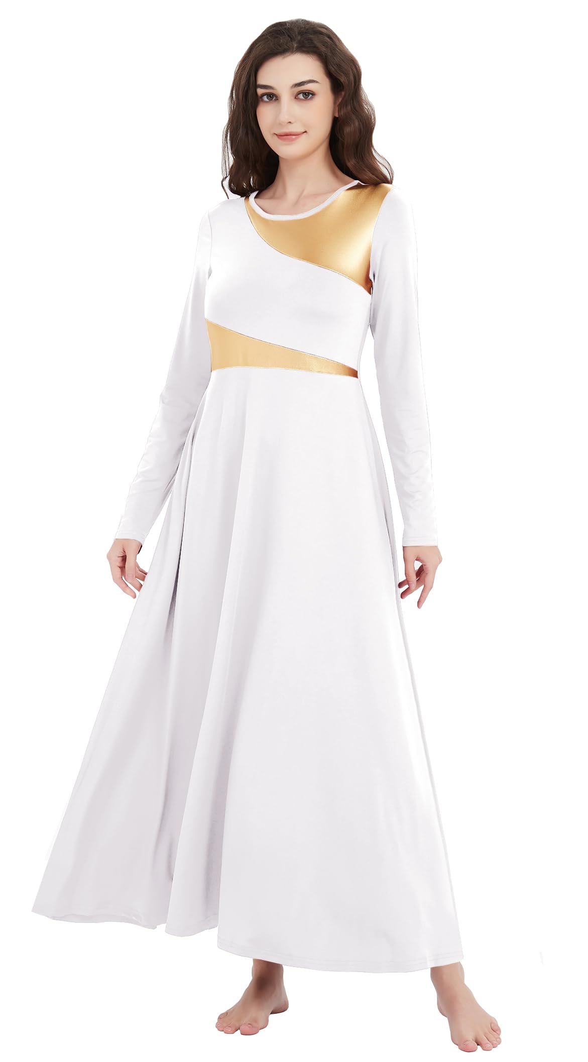 Women's Long Sleeve Metallic Praise Dance Dress - Liturgical Worship Costume for Church Performances & Lyrical Dance | Perfect for Sunday Services, Choir Performances & Spiritual Events