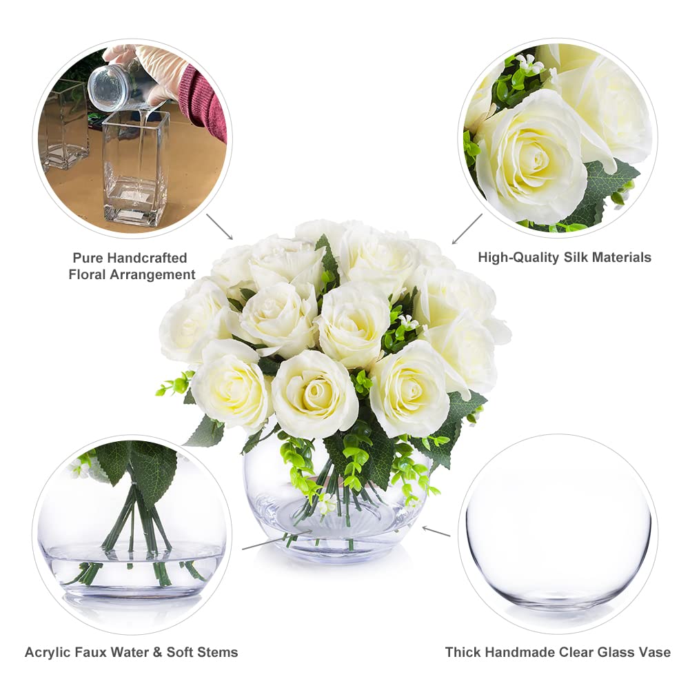 ENOVA FLORAL 18 Heads Silk Rose Artificial Flowers in Vase - Realistic Faux Rose Arrangement with Round Bowl Vase & Faux Water - Perfect for Dining Table Decor, Wedding Centerpieces, Home & Office Decoration (Cream)