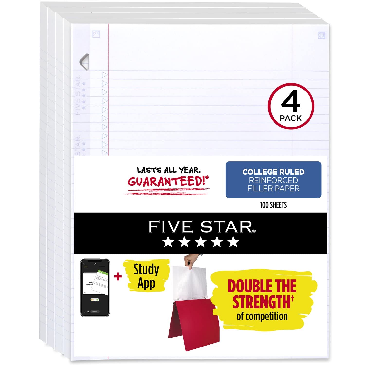 Five Star Loose Leaf Paper 4 Pack - College Ruled 3 Hole Punched Filler Paper with Study App, 11