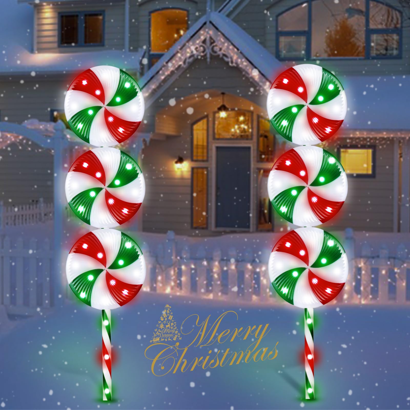 37.5 Inch Giant Lollipop Christmas Lights Outdoor Decorations - 2 Pack Waterproof Peppermint Candy Cane Pathway Lights with 8 Lighting Modes (Red Green White) - Perfect for Porch, Walkway, Yard, and Holiday Party Decor