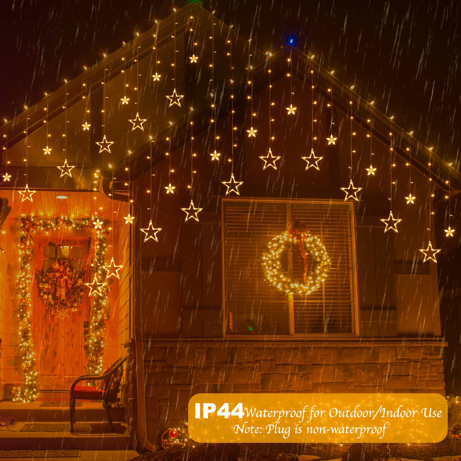 138 LED Star Curtain Fairy Lights - 9ft Plug-in Connectable Twinkle Lights with 12 Star Drops & Remote (8 Lighting Modes) - Warm White Indoor Christmas, Ramadan, Bedroom, Window Decorations - Perfect for Holiday Parties, Wedding Backdrops & Cozy Home Ambiance
