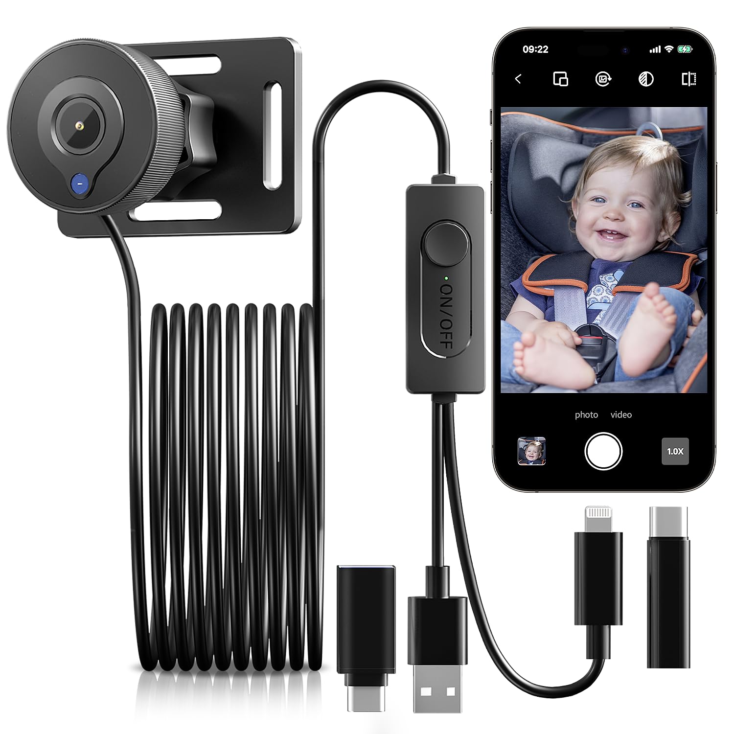 CIMELR HD 1080P Baby Car Camera with Night Vision - 360° Rotatable Rear View Mirror Monitor for iPhone - Easy Installation for Safe Driving & Baby Monitoring in Car