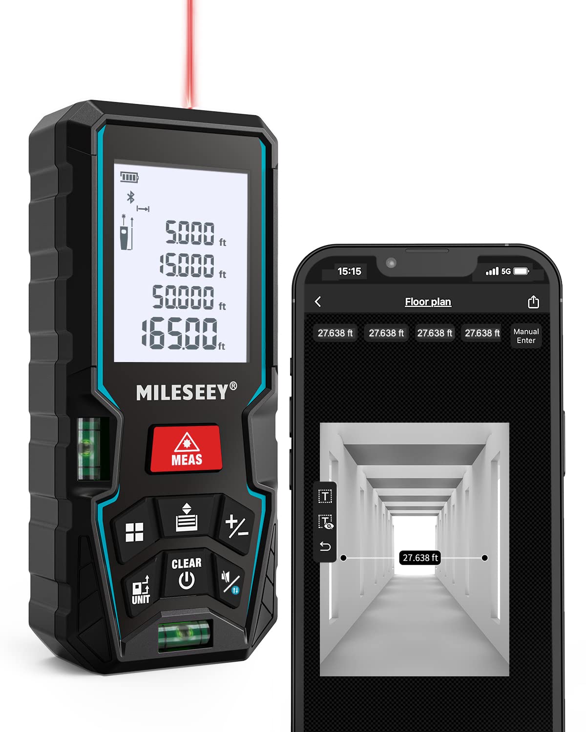 50M Laser Measure Device with Phone App - MiLESEEY Digital Laser Meter with ±2mm Accuracy, 2 Spirit Level Bubbles, Pythagoras Mode, Area & Volume Calculation, 2