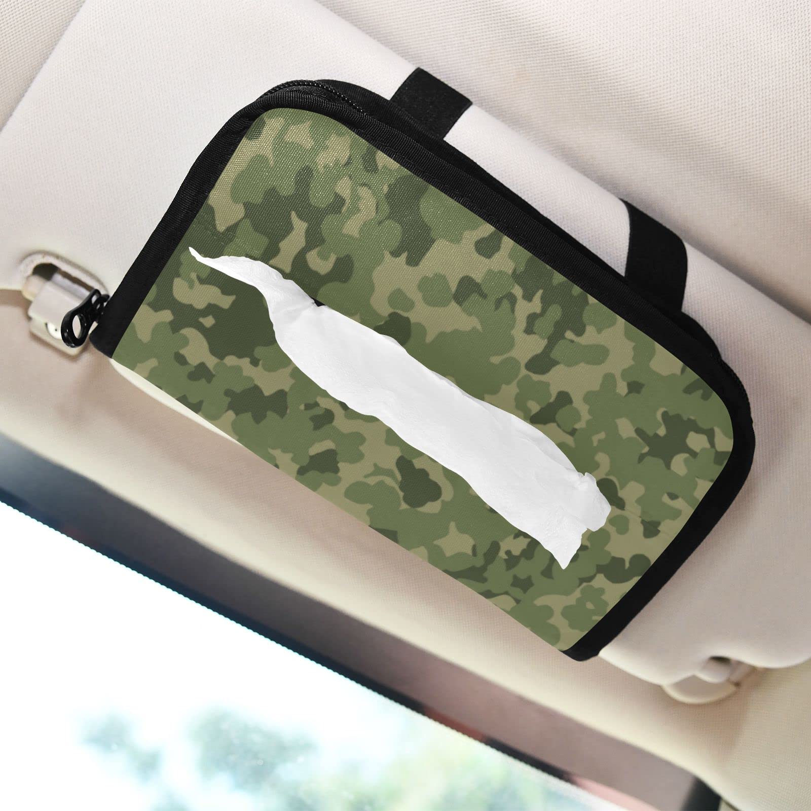 Camouflage Khaki Car Tissue Holder with Zipper - Universal Sun Visor Napkin Dispenser for Cars, Trucks & SUVs - Perfect for Road Trips, Daily Commutes and Keeping Your Vehicle Clean