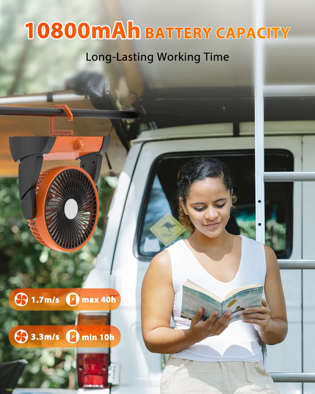 TriPole 10800mAh Portable Rechargeable Fan with LED Light & Hanging Hook - Battery Operated Tent Fan with Digital Display for Outdoor, Travel, Camping, RV, Car, Office & Home Use