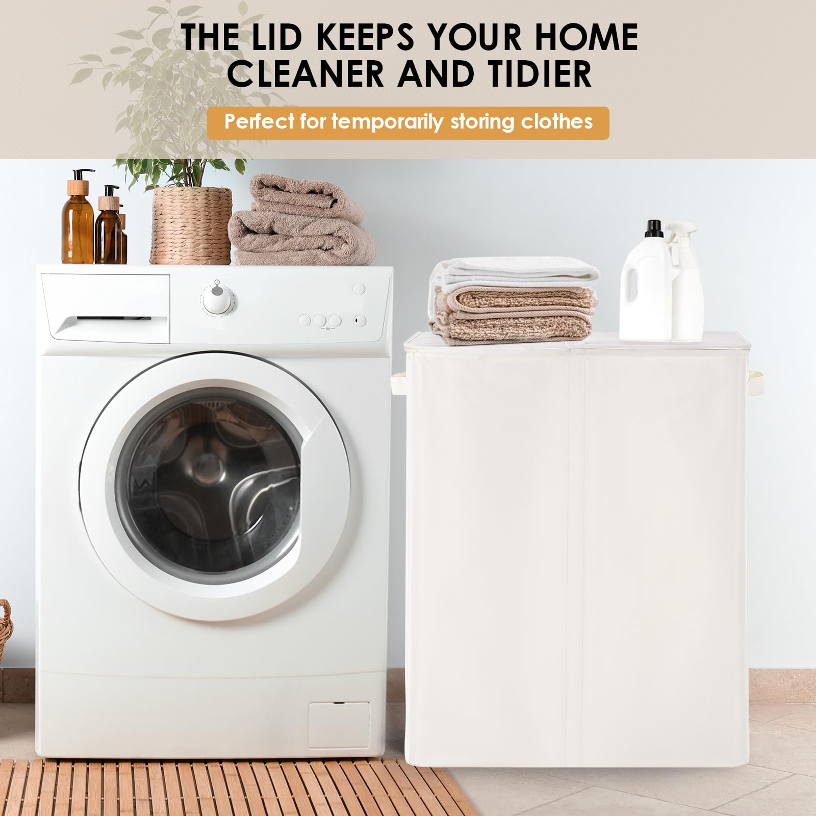 135L Double Laundry Hamper with Lid & Removable Bags - 2 Section Laundry Basket with Labels for Clothes Separation - Large Beige Laundry Organizer for Bedroom, Laundry Room & Dorm - Perfect for Family Laundry Sorting & Space Saving Storage