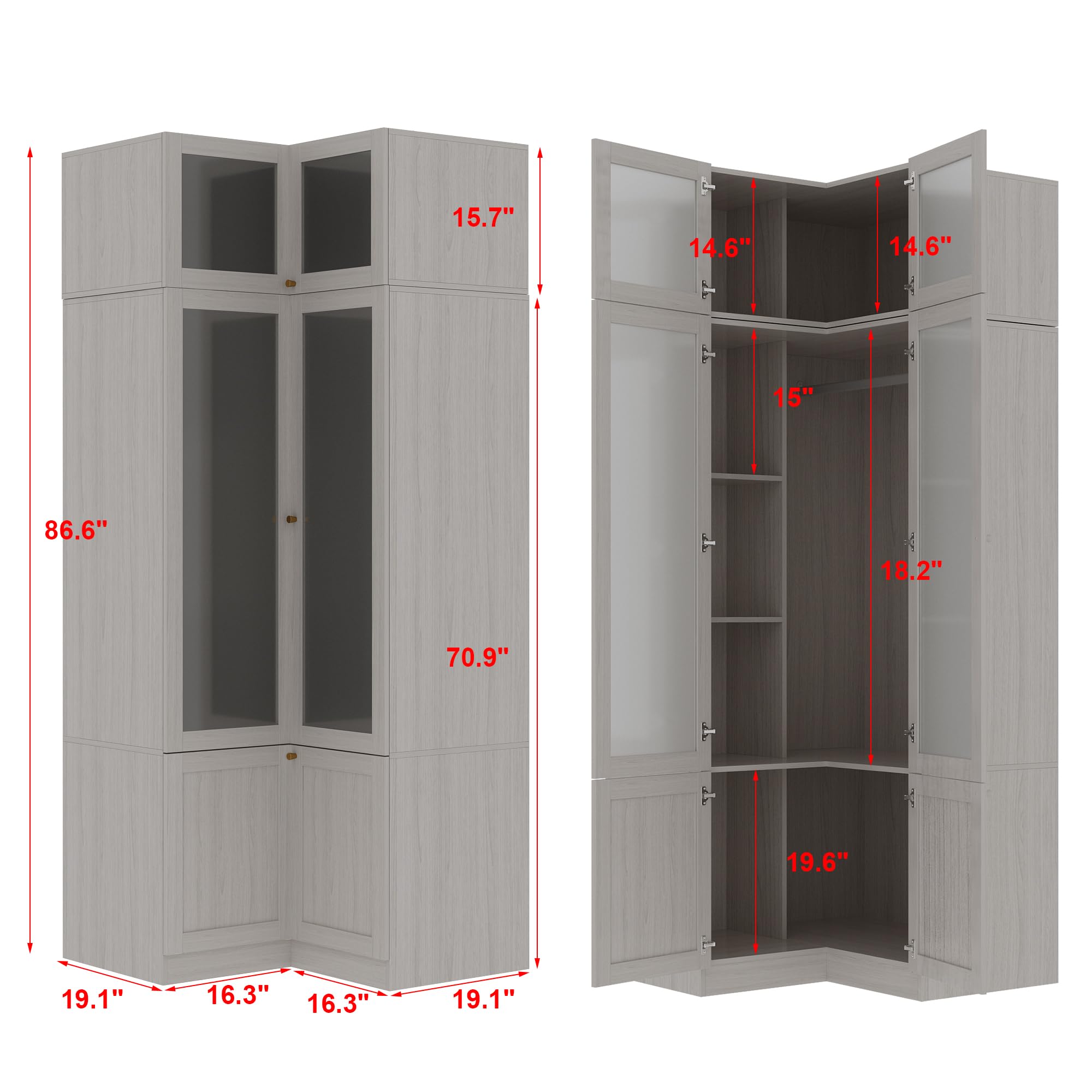 Homsee L-Shaped Armoire Wardrobe Closet with Frosted Glass Doors - Wooden Storage Cabinet with Hanging Bar & Shelves, Top Cabinet for Bedroom Organization - Warm Grey (35.4”L x 35.4”W x 86.6”H) - Perfect for Master Bedroom, Guest Room & Walk-In Closet Storage Solutions