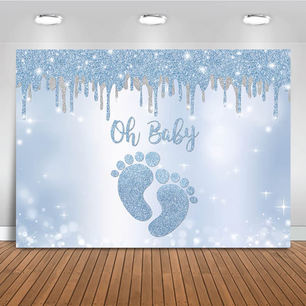 Blue Silver Oh Baby Backdrop with Little Feet - 7x5ft Baby Shower Background for Boys, Footprint Decorations, Photo Booth Backdrop | Perfect for Baby Showers, Gender Reveals & Newborn Photography