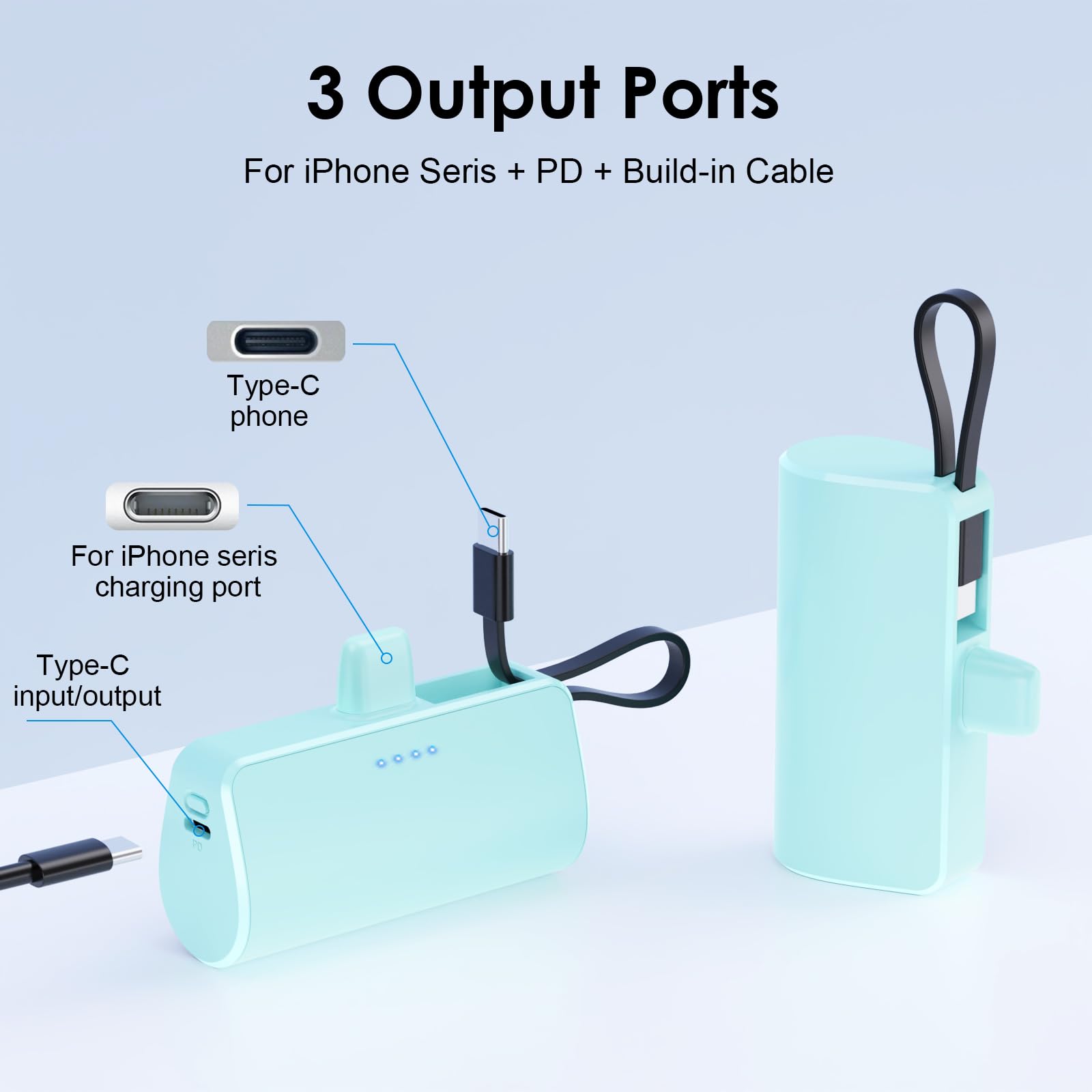 5200mAh Portable Charger for iPhone & Android - PD 3.0 Fast Charging Power Bank with Built-in USB-C Cable | Compact External Battery Pack Compatible with iPhone 15/14/13/12/11 Series, Samsung Galaxy | Perfect for Travel, Camping & Emergency Power Backup (Green)