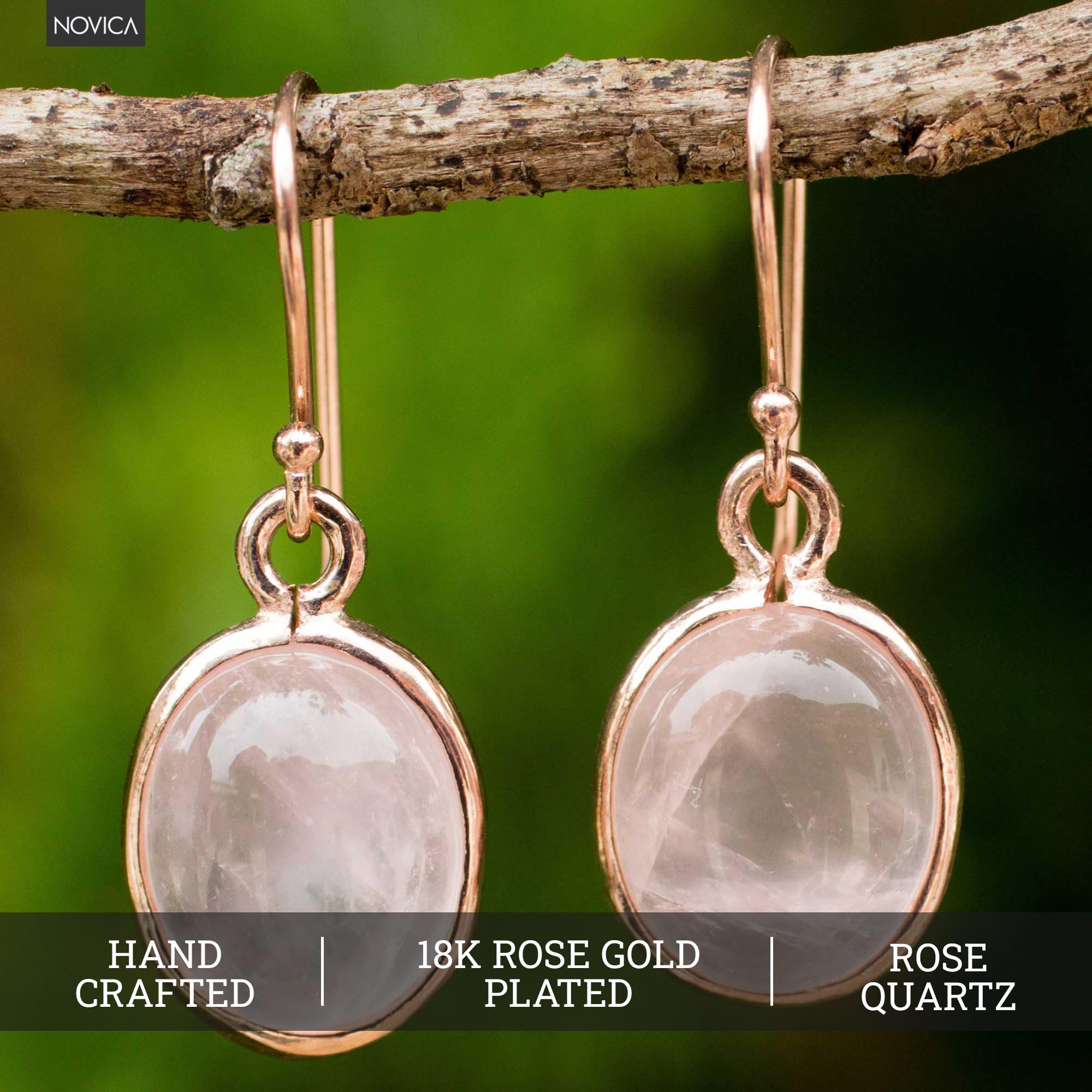 NOVICA Handmade Rose Gold Plated Quartz Dangle Earrings - 18k Sterling Silver with Pink Thailand Birthstone (1.1